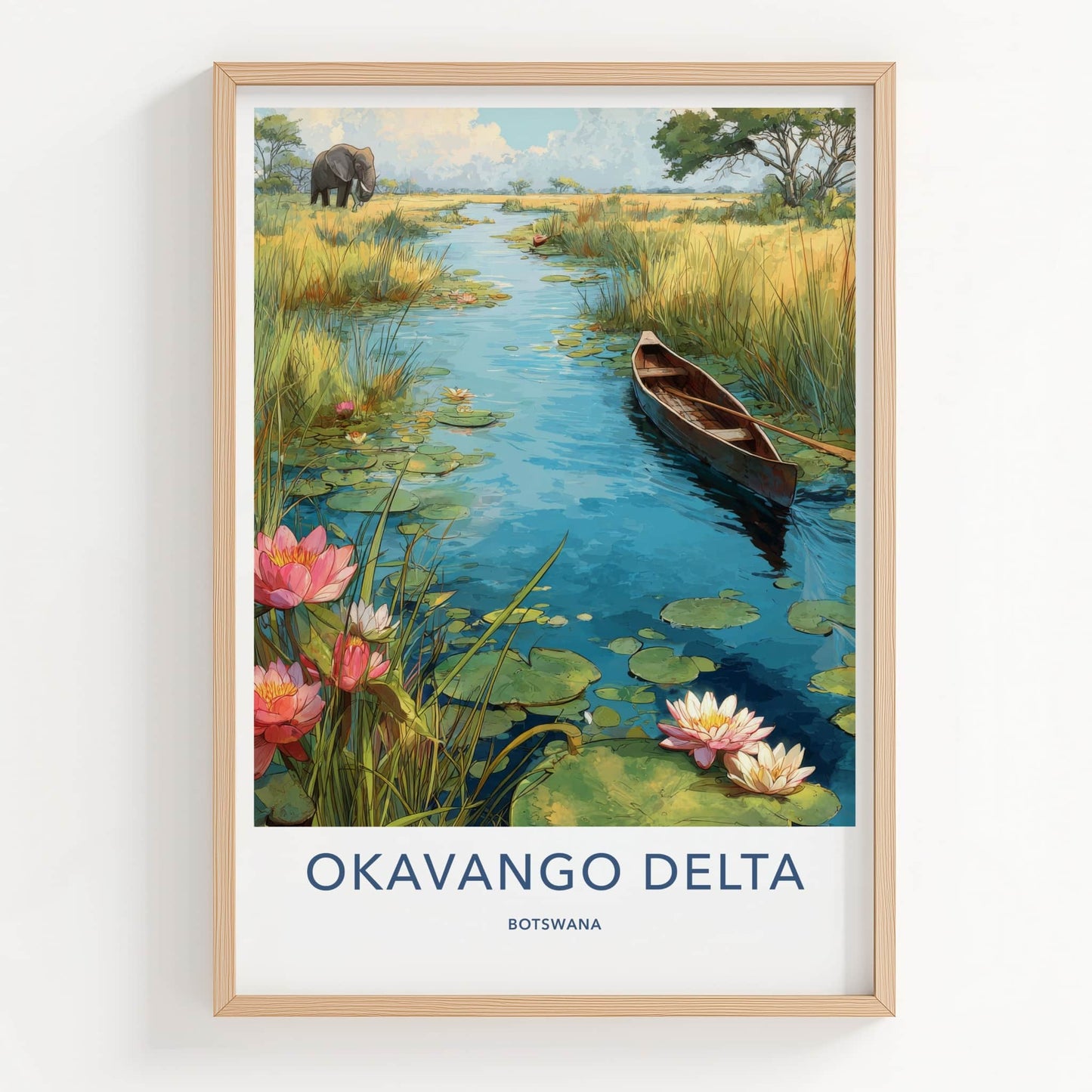 Okavango Delta Poster - Botswana Travel Print - Elephant Water Lilies Home Decor