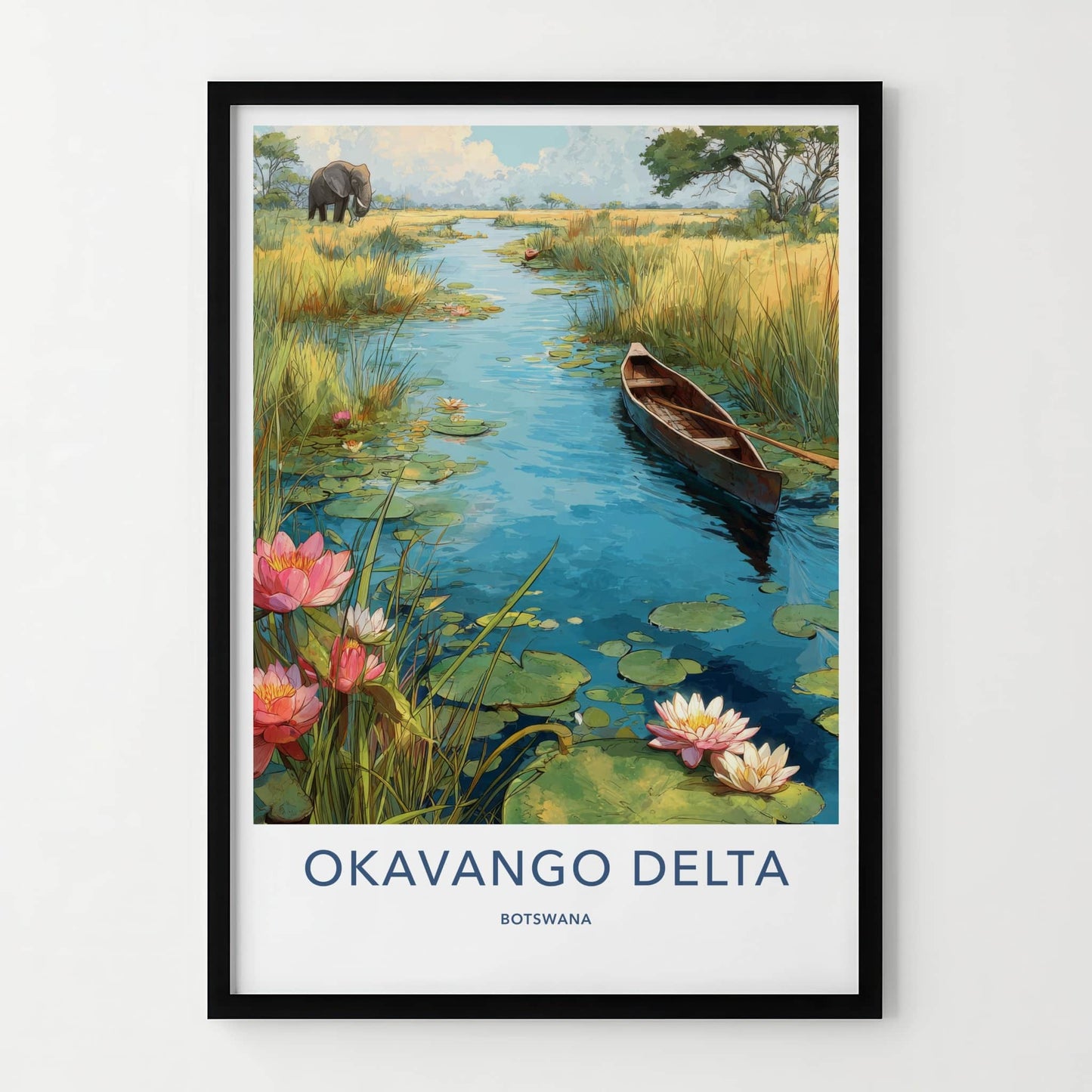 Okavango Delta Poster - Botswana Travel Print - Elephant Water Lilies Home Decor
