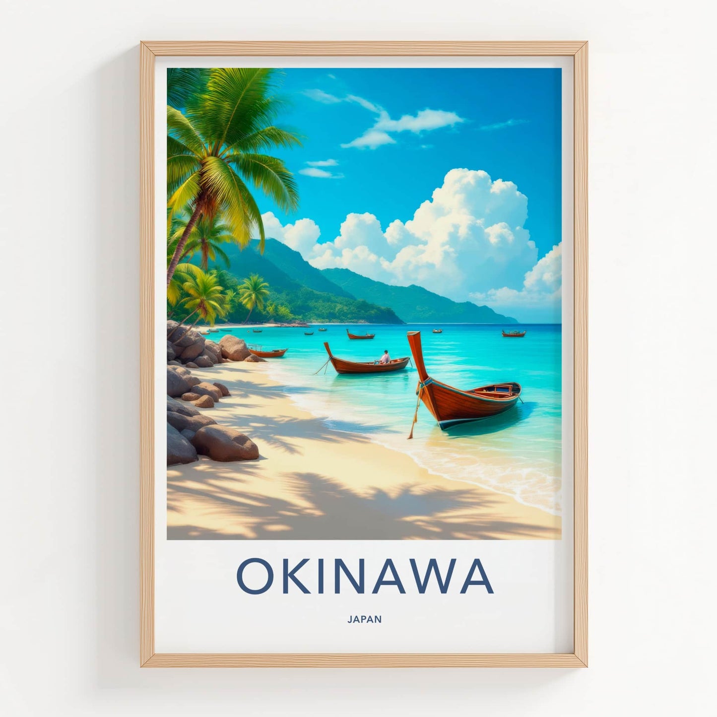 Okinawa Poster - Japan Travel Art - Scenic Coastal Longboats Home Decor