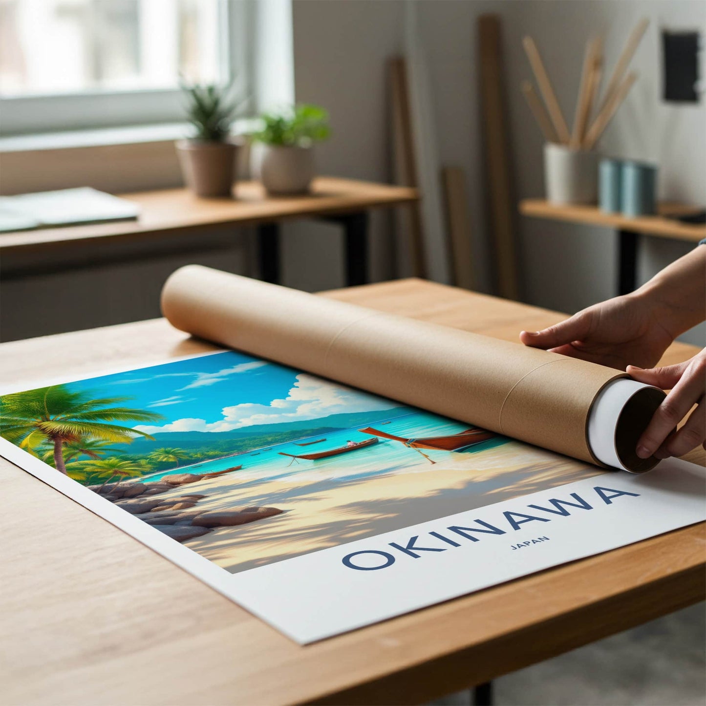 Okinawa Poster - Japan Travel Art - Scenic Coastal Longboats Home Decor