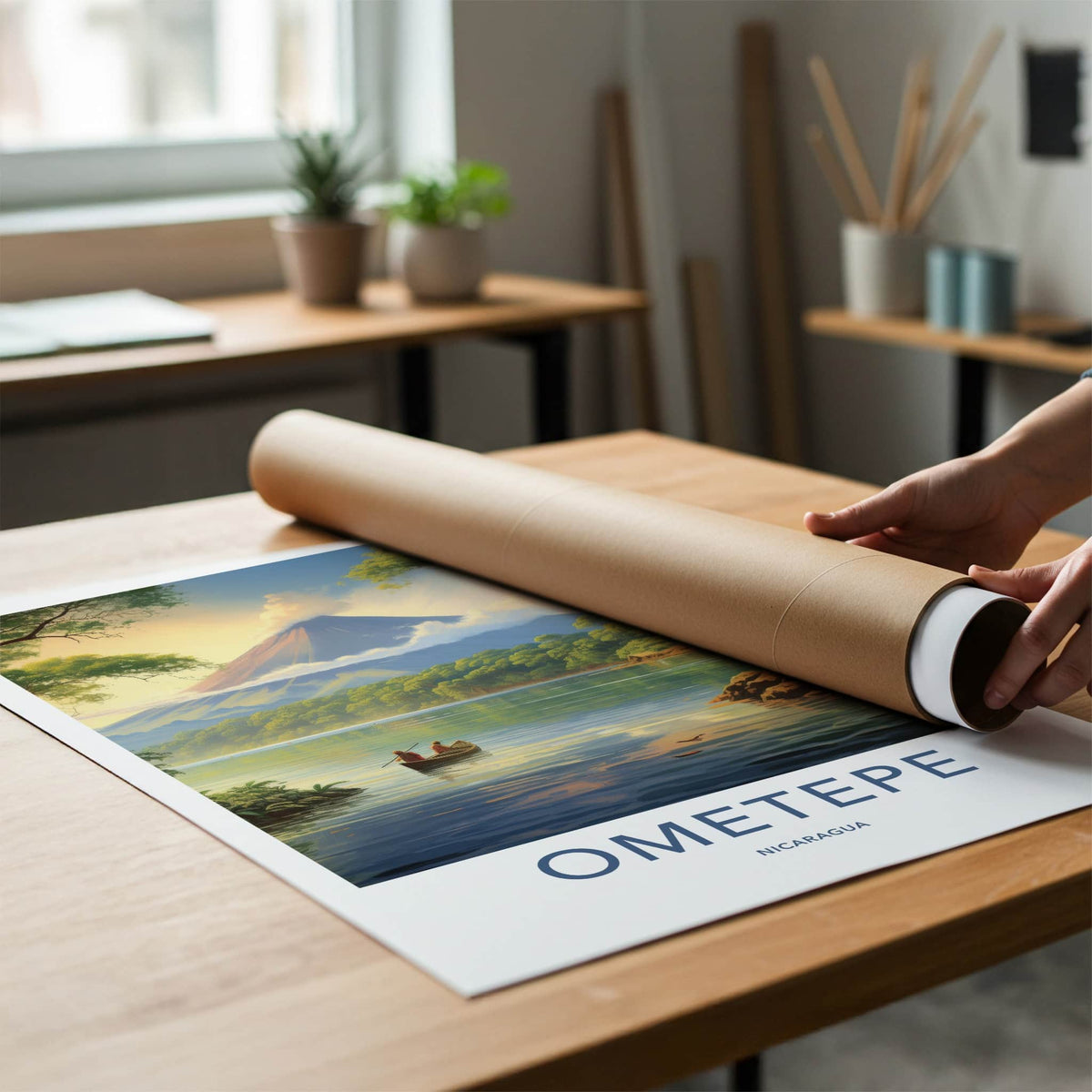Ometepe Poster - Nicaragua Travel Art - Volcano Lake Canoe Home Decor