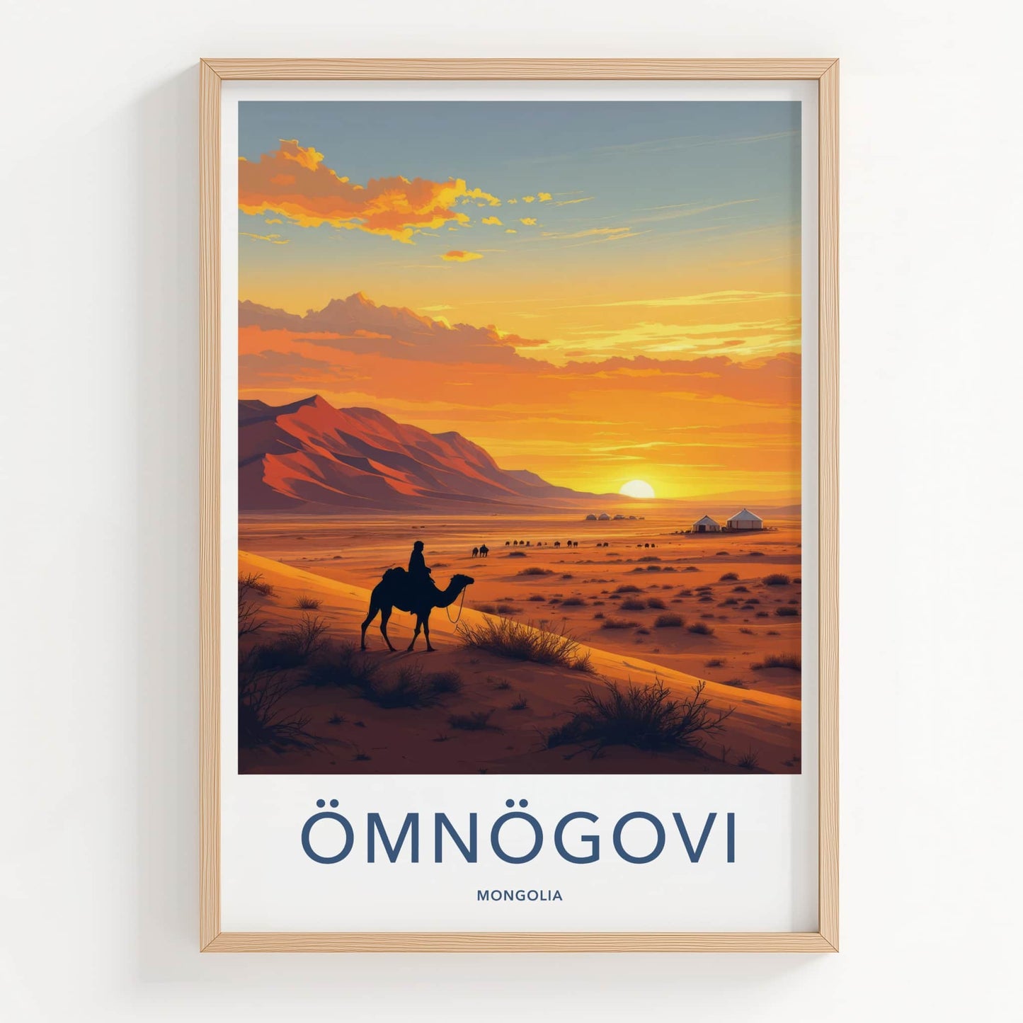 Omnogovi Poster - Mongolia Travel Print - Desert Sunset Camels Home Decor