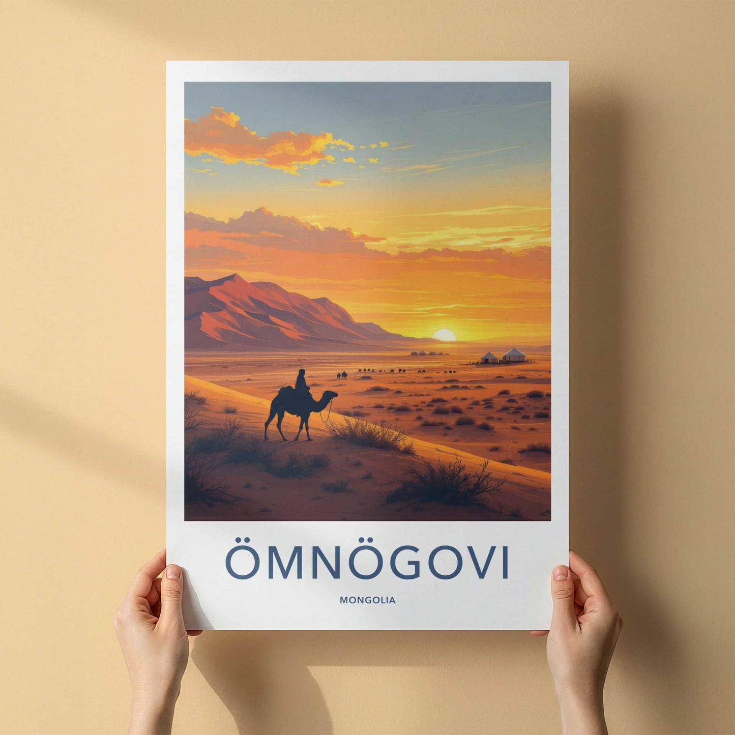 Omnogovi Poster - Mongolia Travel Print - Desert Sunset Camels Home Decor