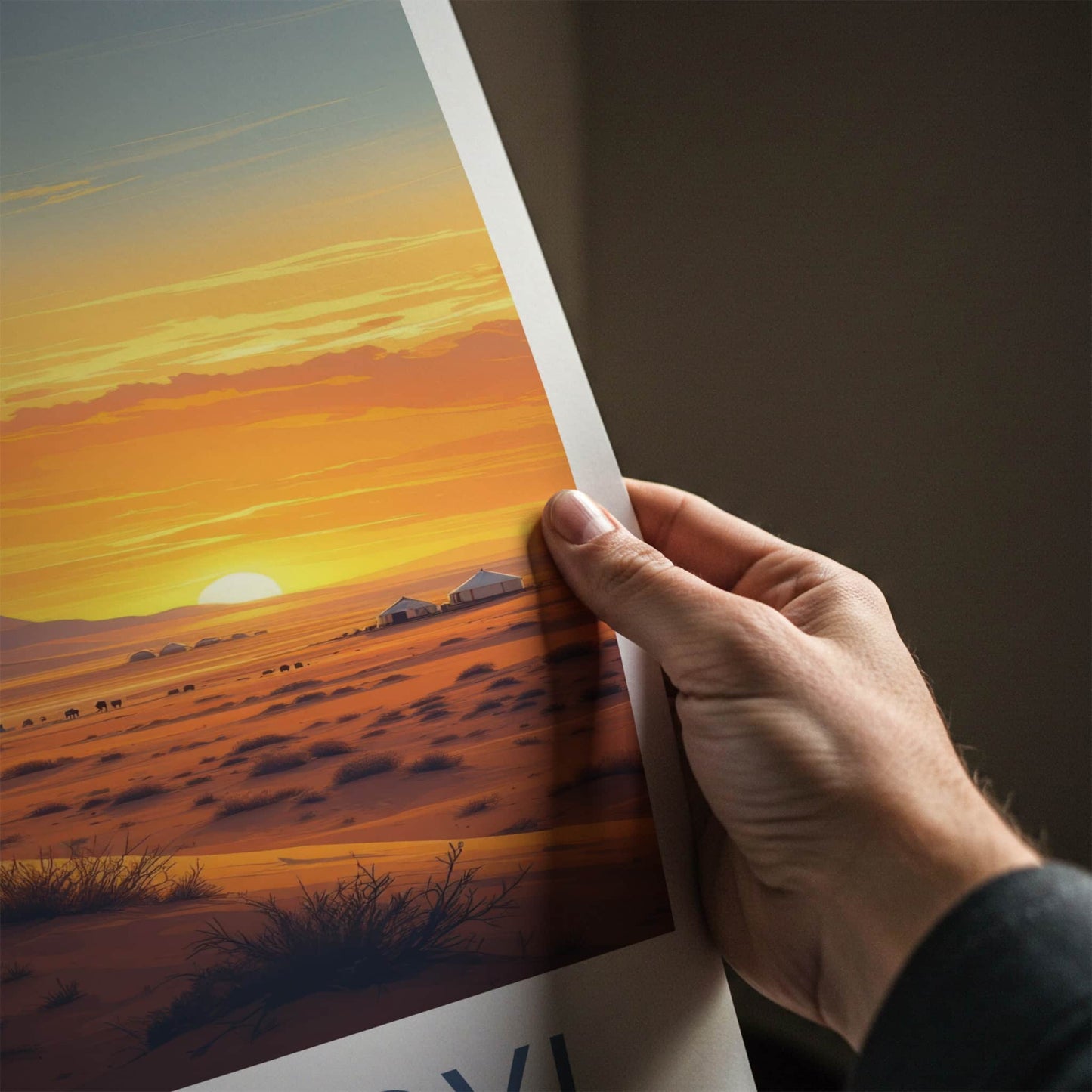 Omnogovi Poster - Mongolia Travel Print - Desert Sunset Camels Home Decor