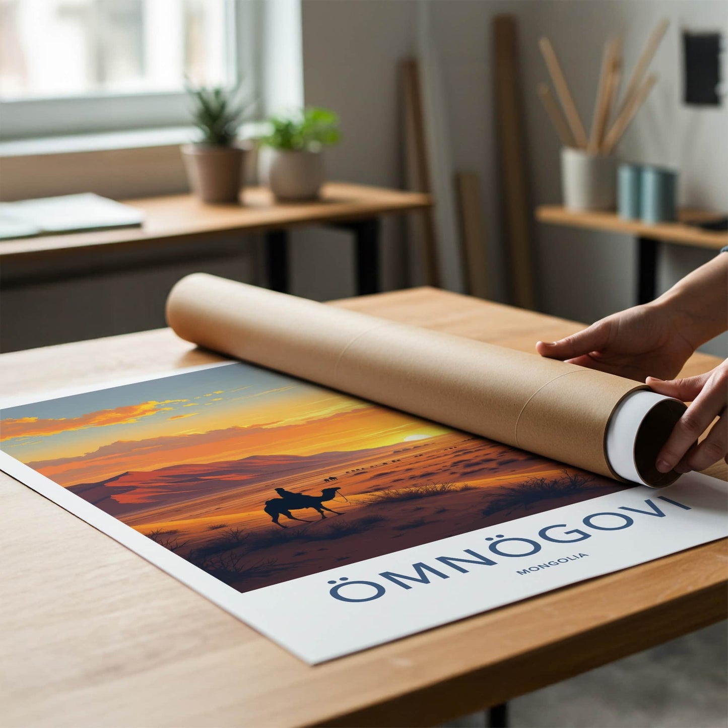 Omnogovi Poster - Mongolia Travel Print - Desert Sunset Camels Home Decor