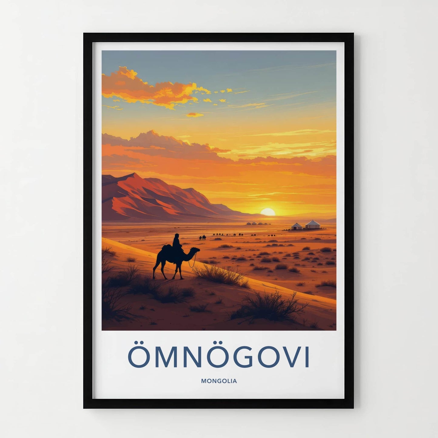 Omnogovi Poster - Mongolia Travel Print - Desert Sunset Camels Home Decor