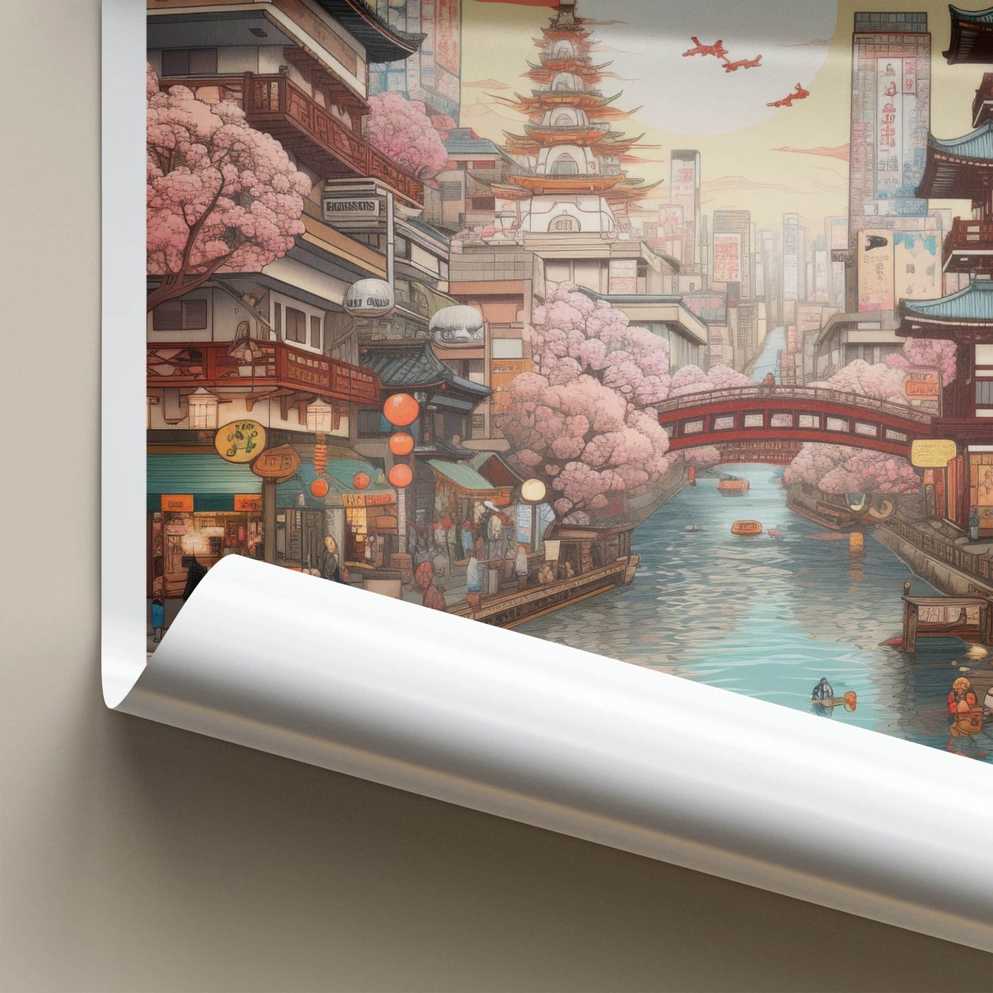 Osaka Poster - Japan Travel Art - Sunset Canal Blossom Home Decor