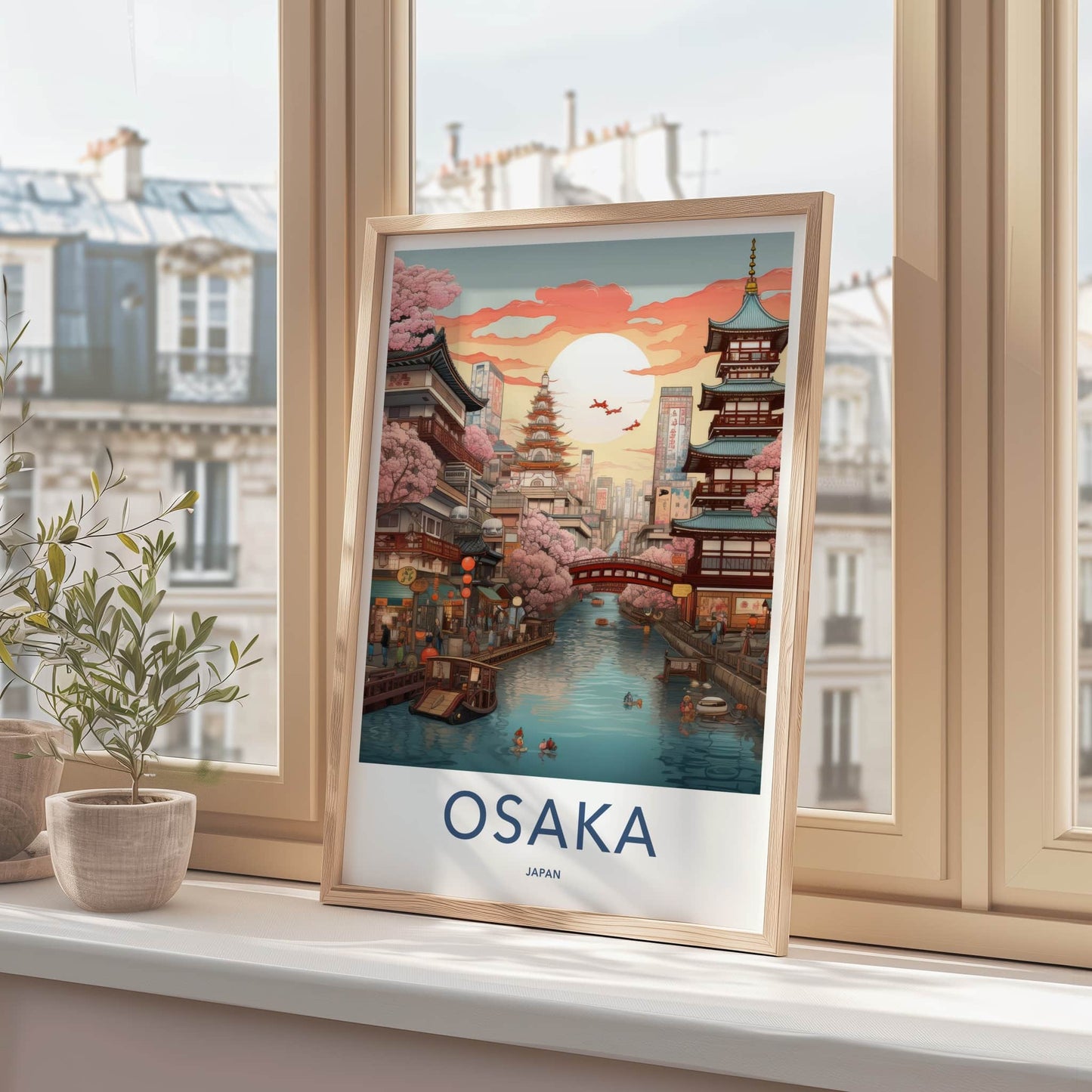 Osaka Poster - Japan Travel Art - Sunset Canal Blossom Home Decor