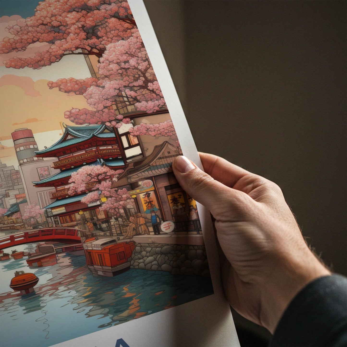 Osaka Poster - Japan Travel Print - Sakura Lined Canal Home Decor