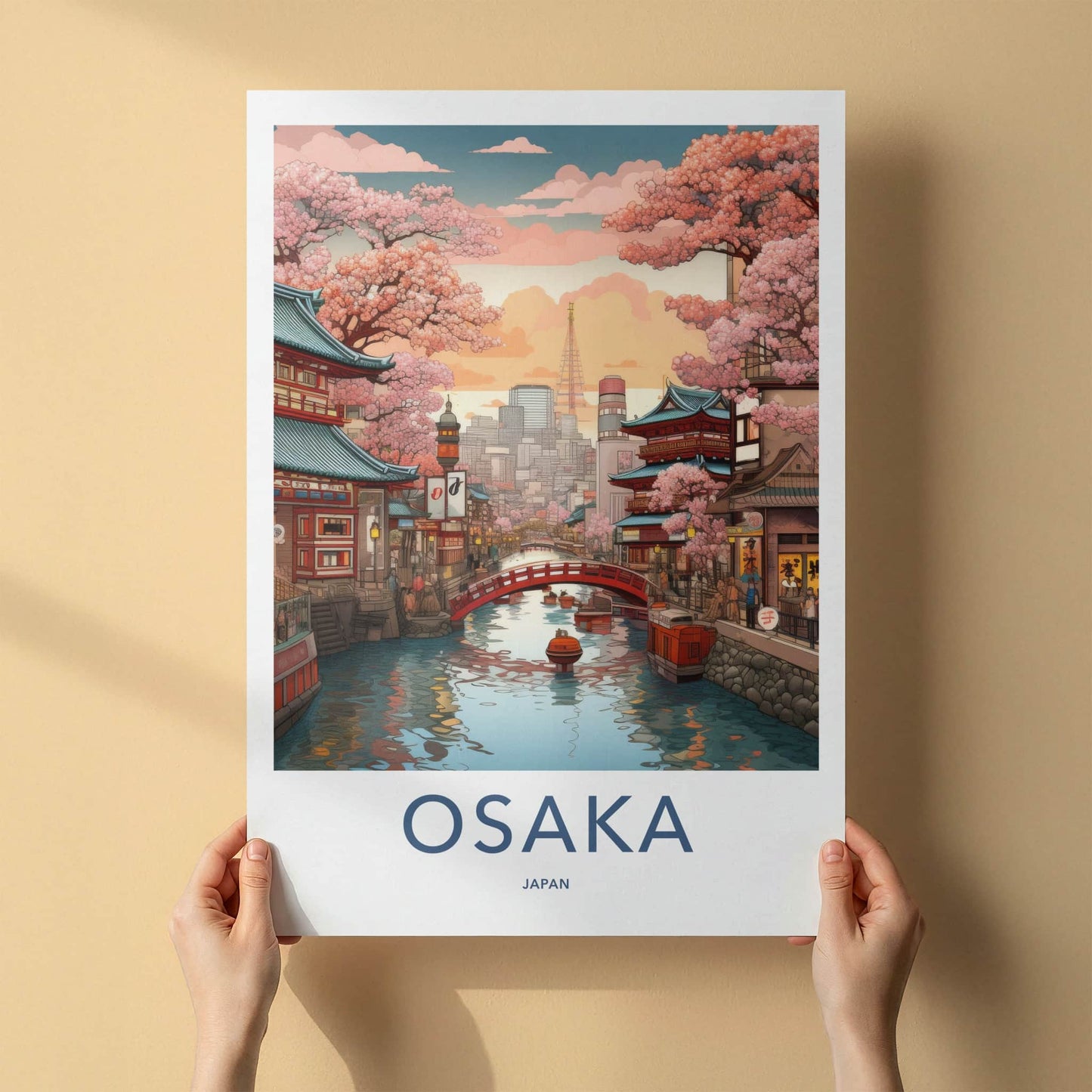 Osaka Poster - Japan Travel Print - Sakura Lined Canal Home Decor