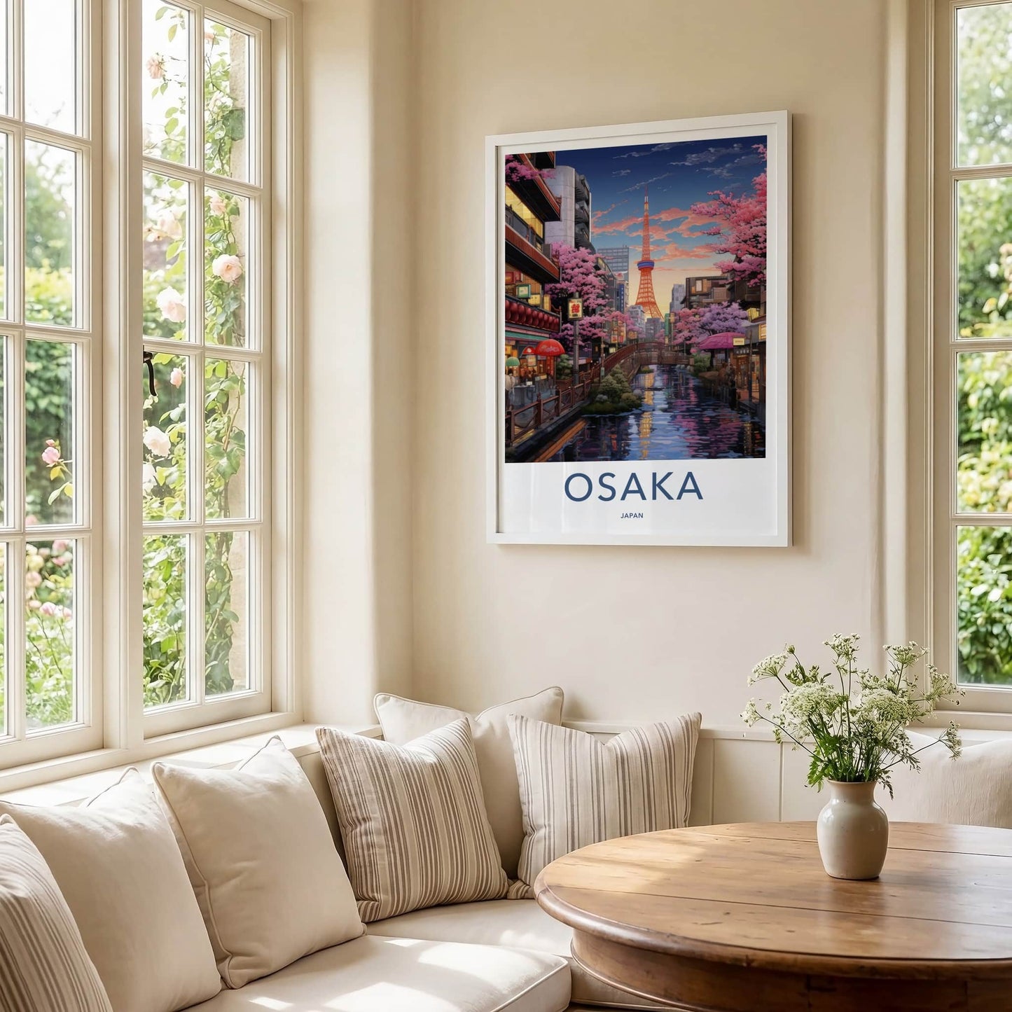 Osaka Poster - Japan Wall Art - Riverside Tower Blossoms Home Decor