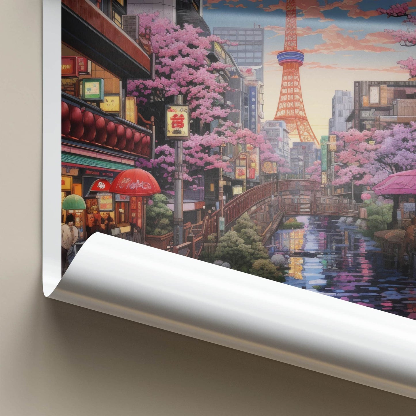 Osaka Poster - Japan Wall Art - Riverside Tower Blossoms Home Decor