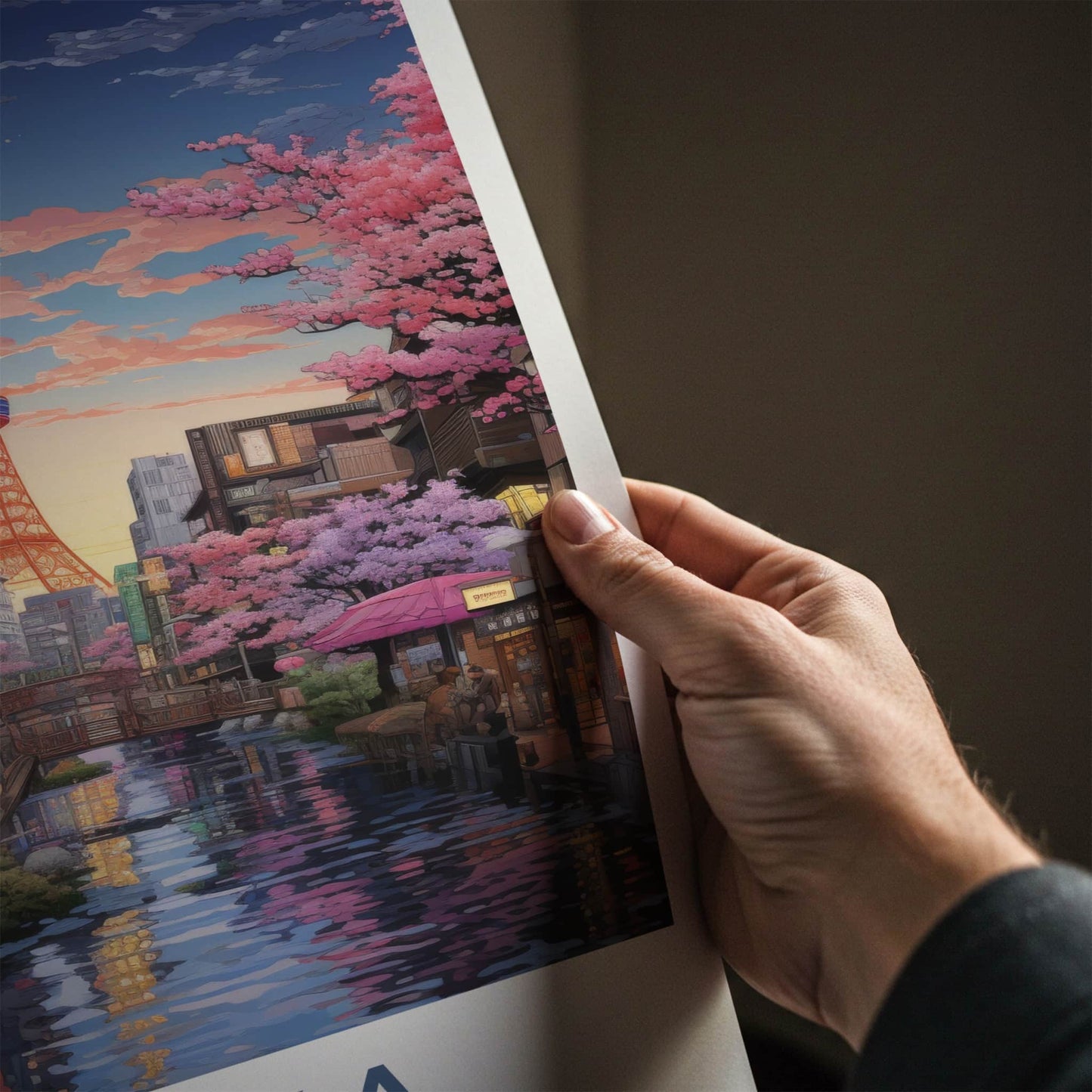 Osaka Poster - Japan Wall Art - Riverside Tower Blossoms Home Decor