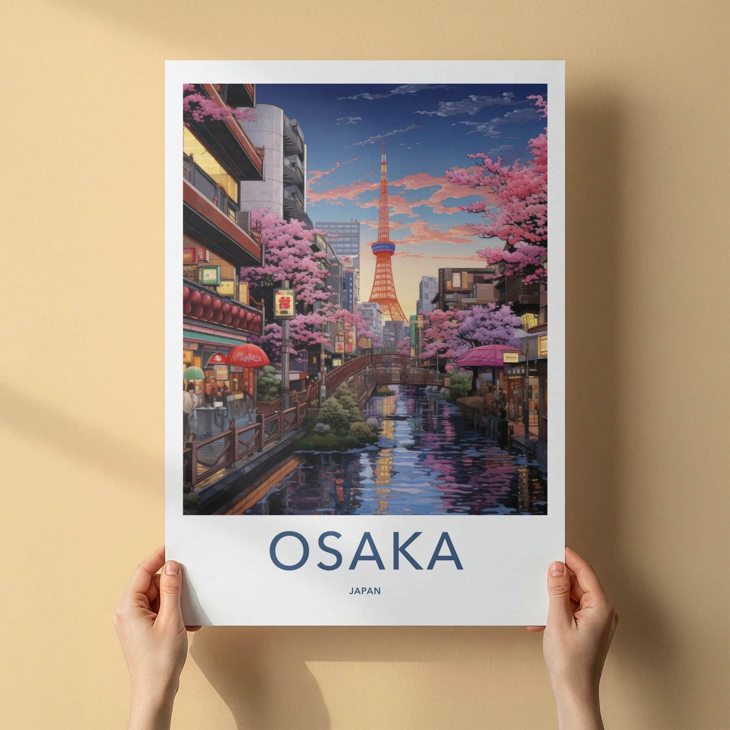 Osaka Poster - Japan Wall Art - Riverside Tower Blossoms Home Decor