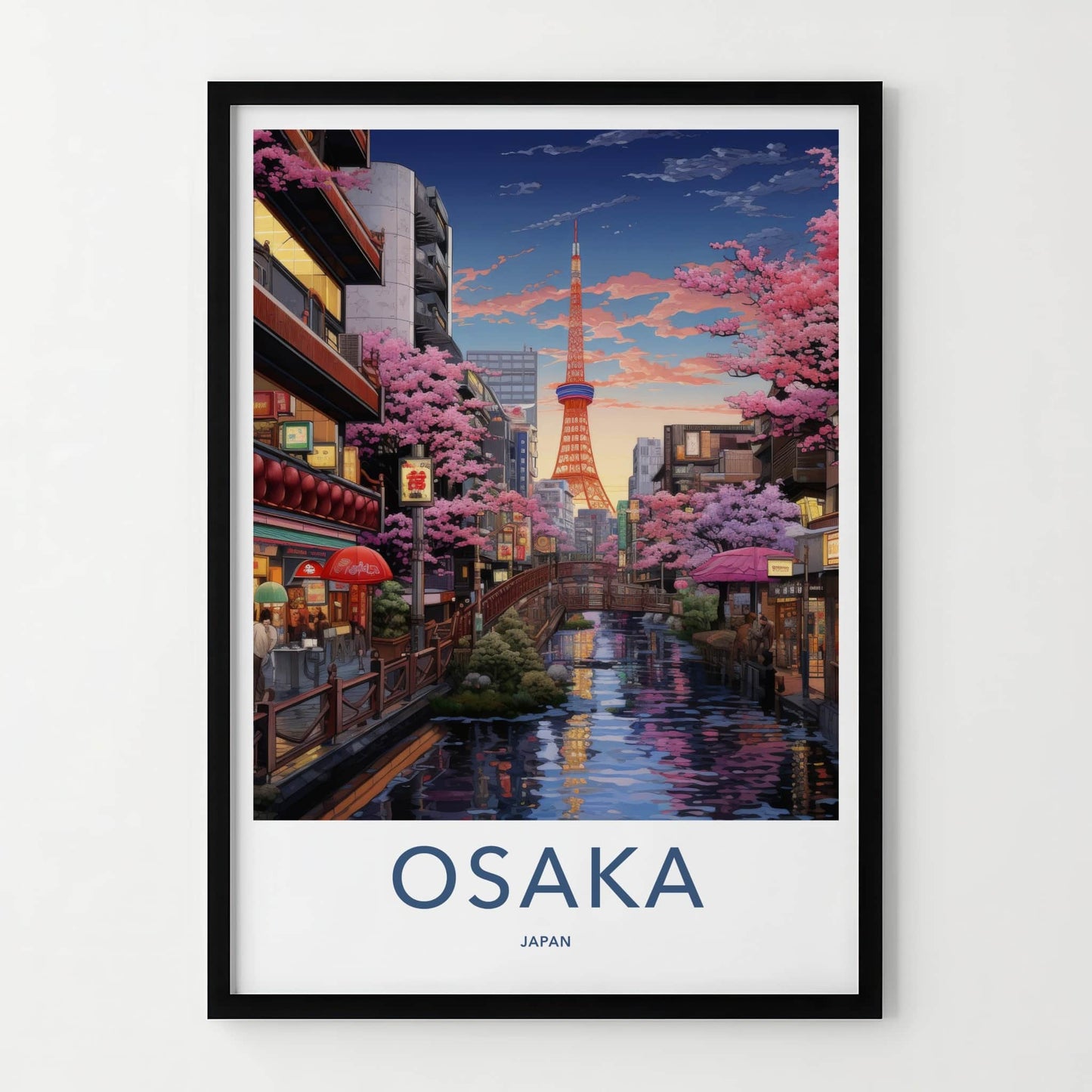 Osaka Poster - Japan Wall Art - Riverside Tower Blossoms Home Decor