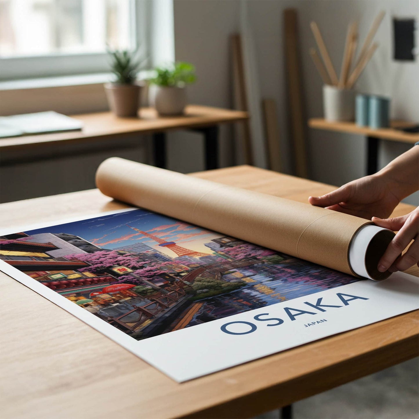 Osaka Poster - Japan Wall Art - Riverside Tower Blossoms Home Decor