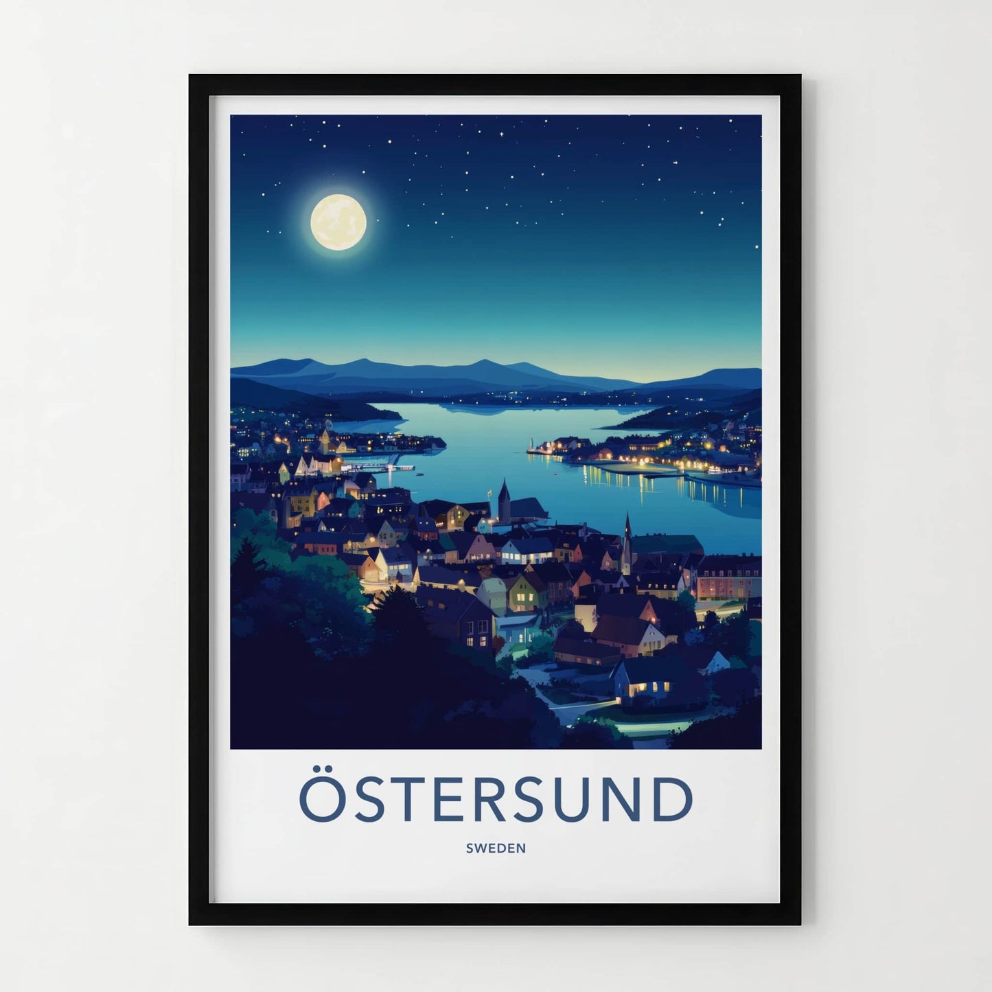 Ostersund Poster - Sweden Travel Art - Moonlit Lakeside Town Home Decor