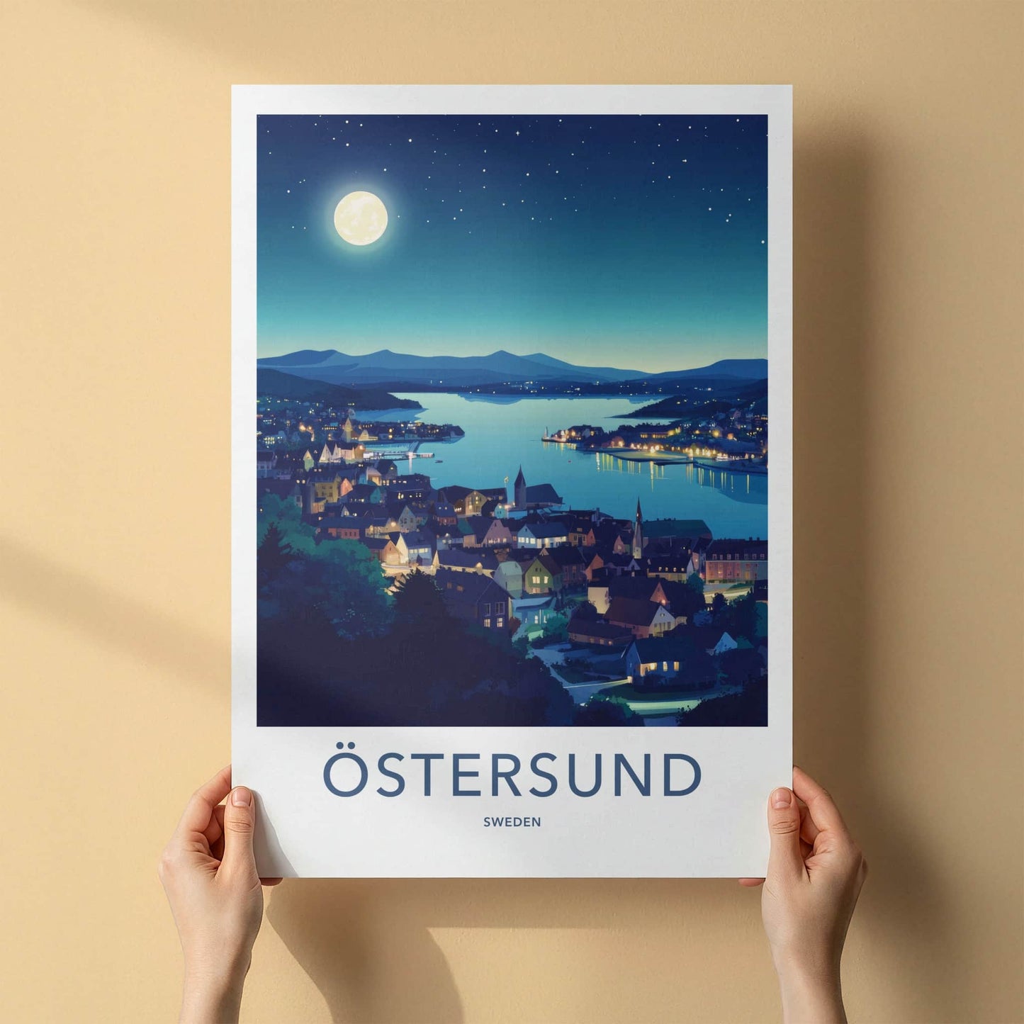 Ostersund Poster - Sweden Travel Art - Moonlit Lakeside Town Home Decor