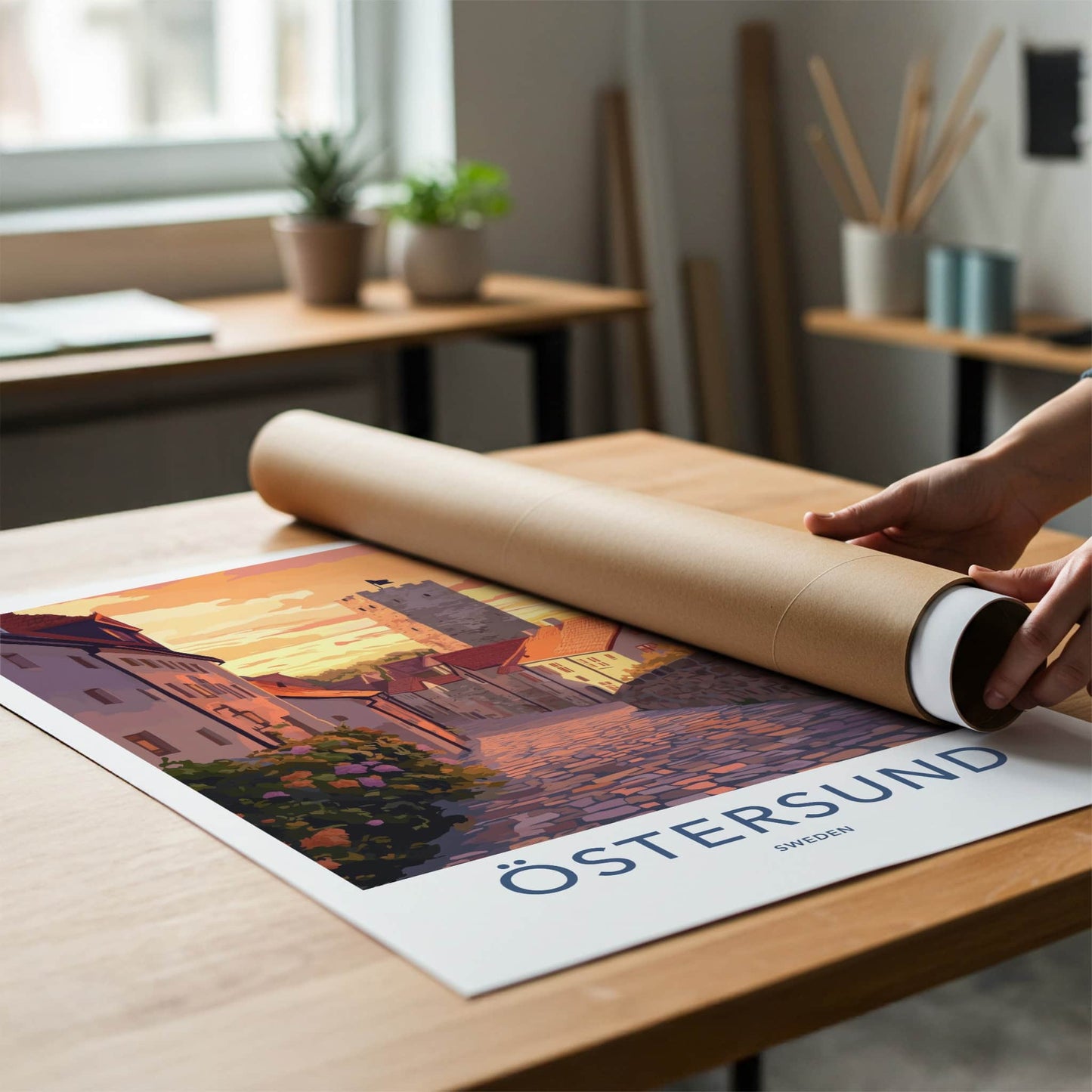 Ostersund Poster - Sweden Travel Art - Sunset Cobblestone Street Wall Decor