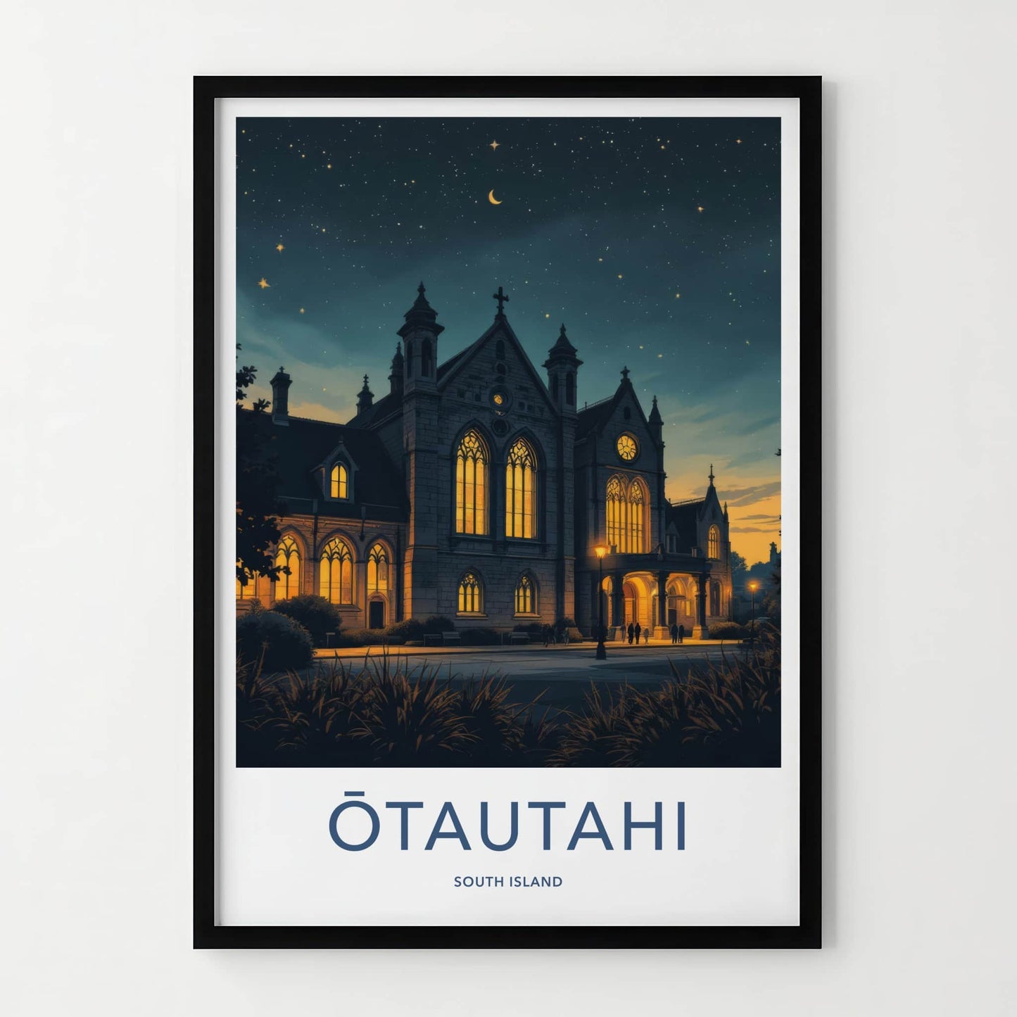 Otautahi Poster - New Zealand Travel Art - Illuminated Gothic Night Home Decor