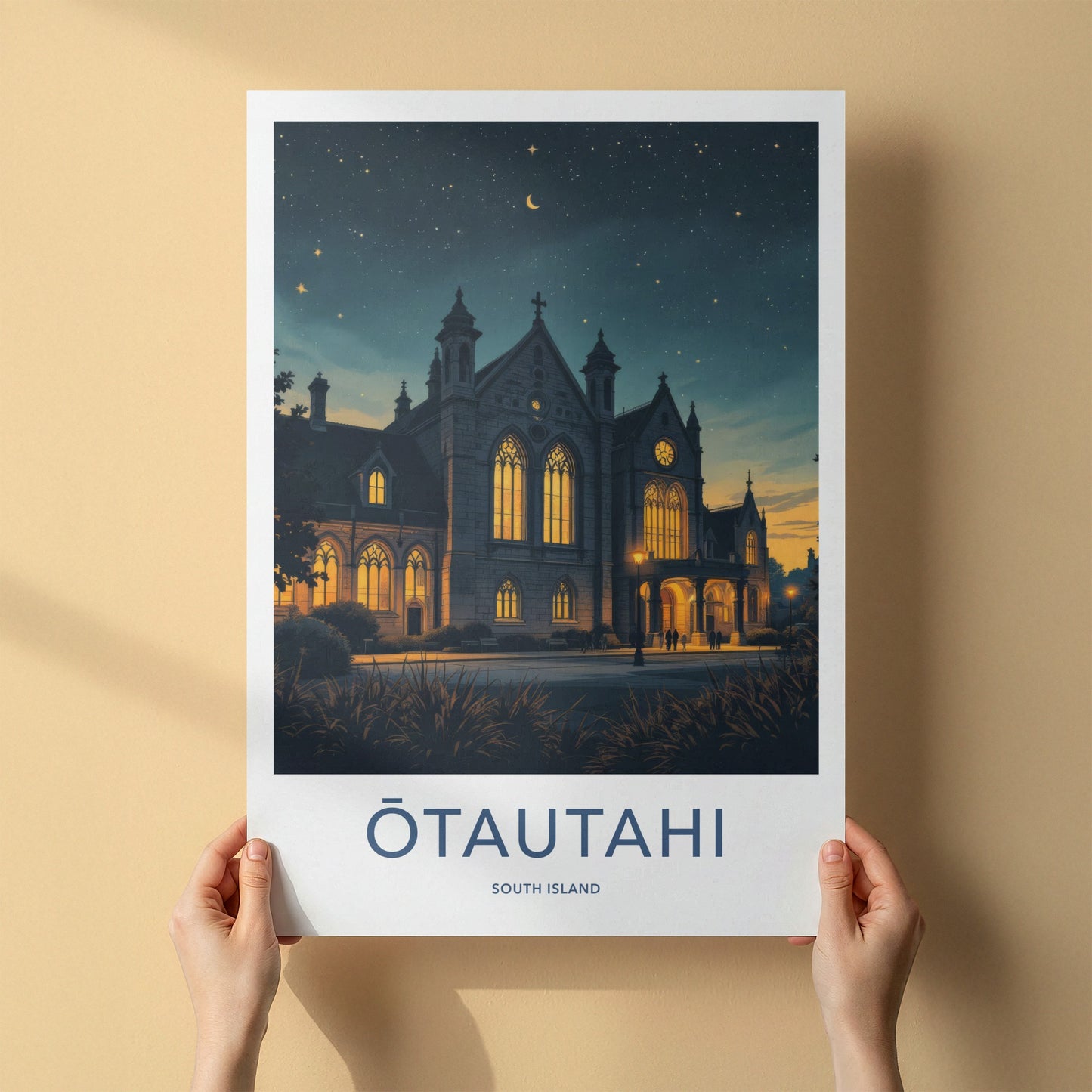 Otautahi Poster - New Zealand Travel Art - Illuminated Gothic Night Home Decor
