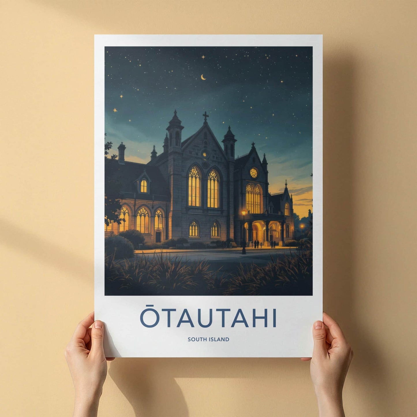Otautahi Poster - New Zealand Travel Art - Illuminated Gothic Night Home Decor