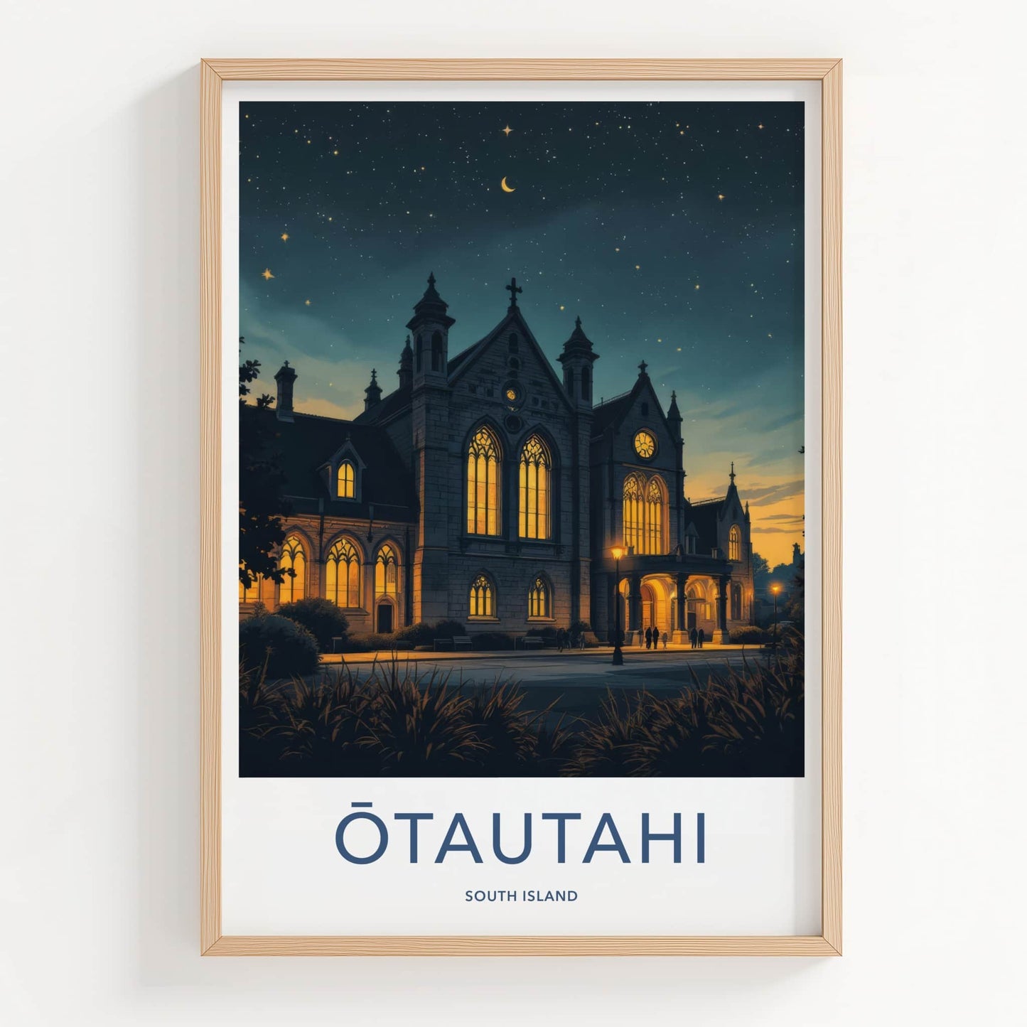Otautahi Poster - New Zealand Travel Art - Illuminated Gothic Night Home Decor