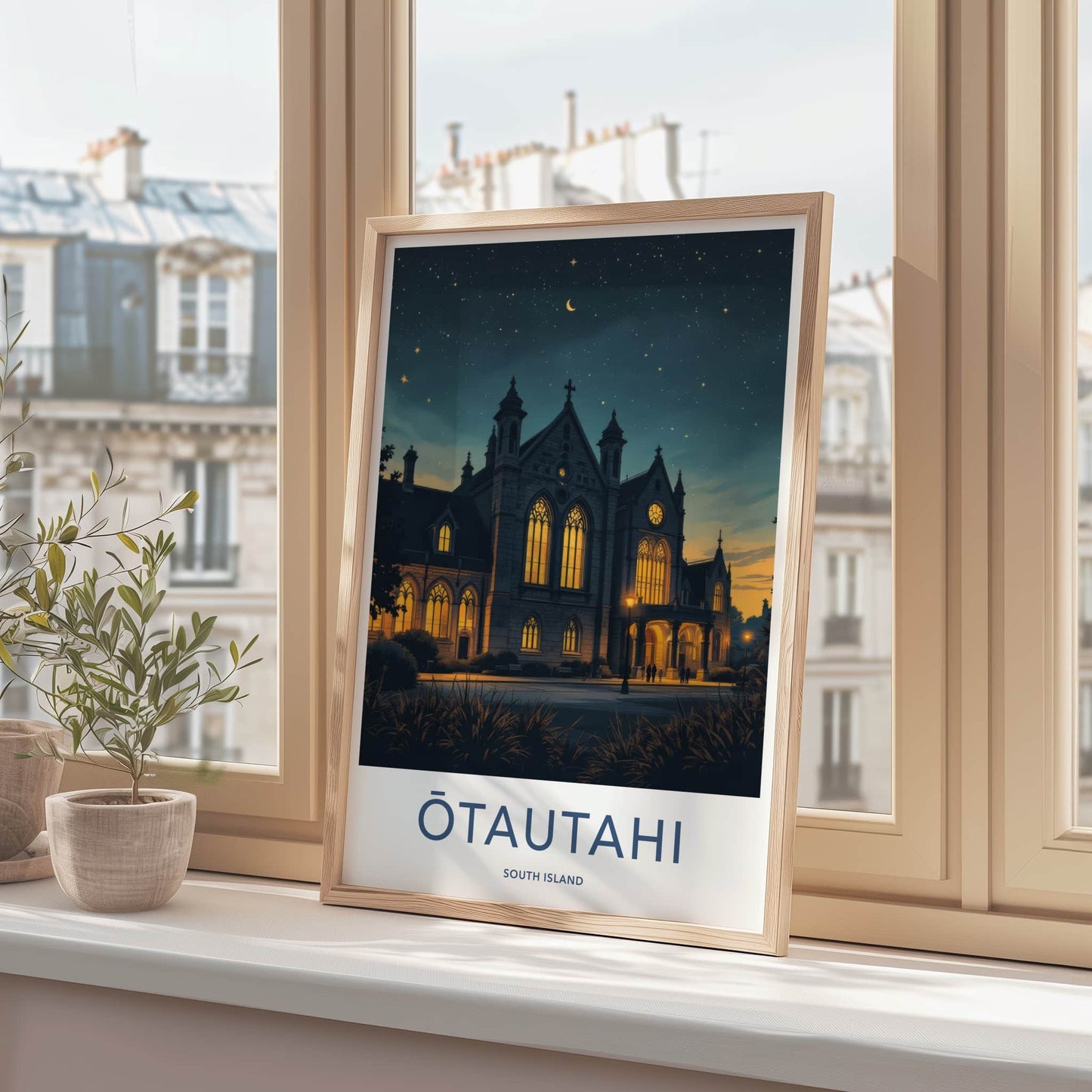 Otautahi Poster - New Zealand Travel Art - Illuminated Gothic Night Home Decor