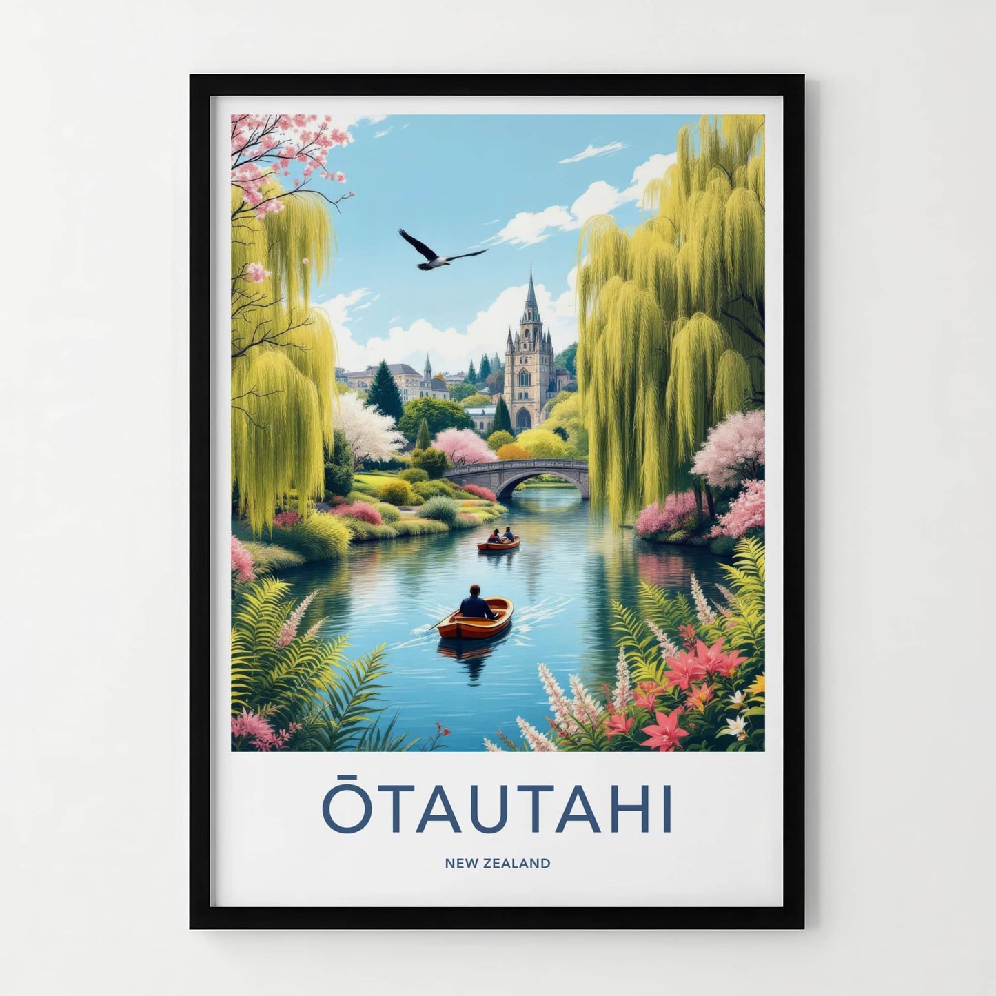 Otautahi Poster - New Zealand Travel Art - River Church Willows Home Decor