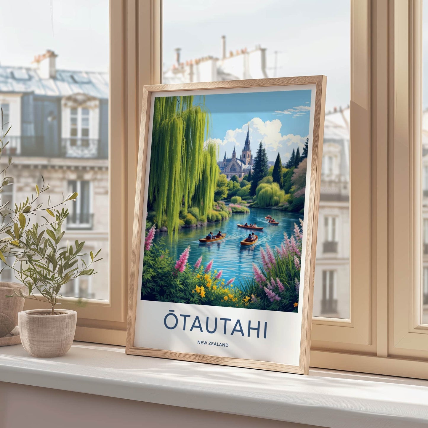 Otautahi Poster - New Zealand Travel Art - Willows Boaters Cathedral Wall Decor