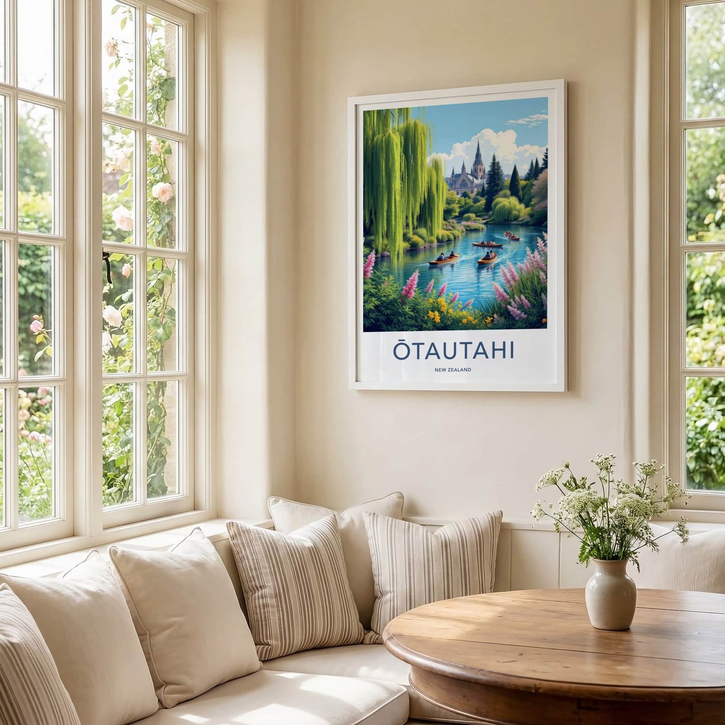 Otautahi Poster - New Zealand Travel Art - Willows Boaters Cathedral Wall Decor