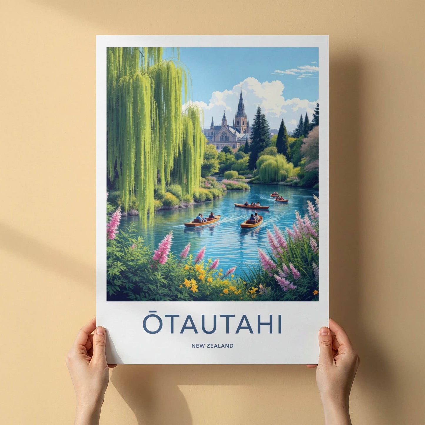 Otautahi Poster - New Zealand Travel Art - Willows Boaters Cathedral Wall Decor