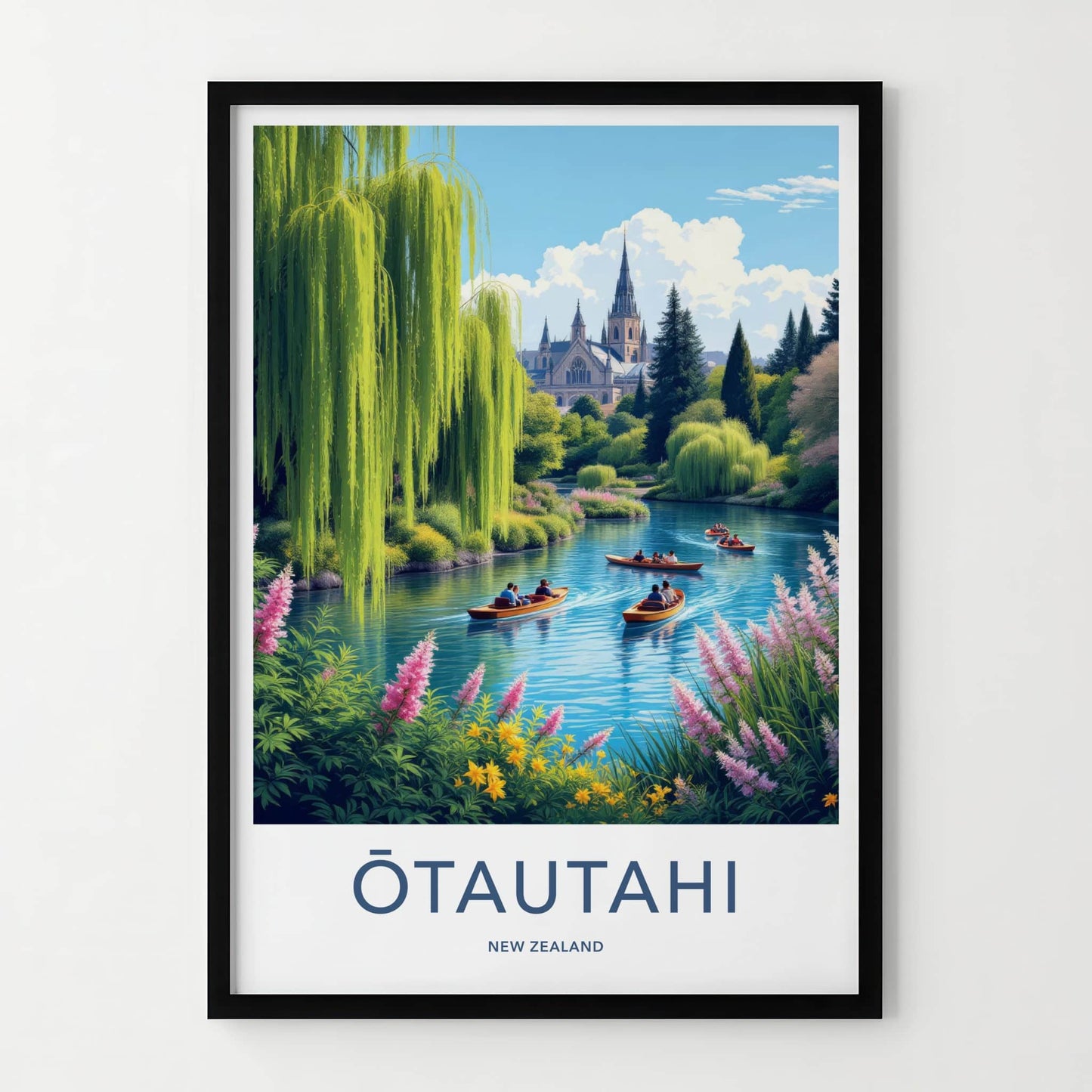 Otautahi Poster - New Zealand Travel Art - Willows Boaters Cathedral Wall Decor