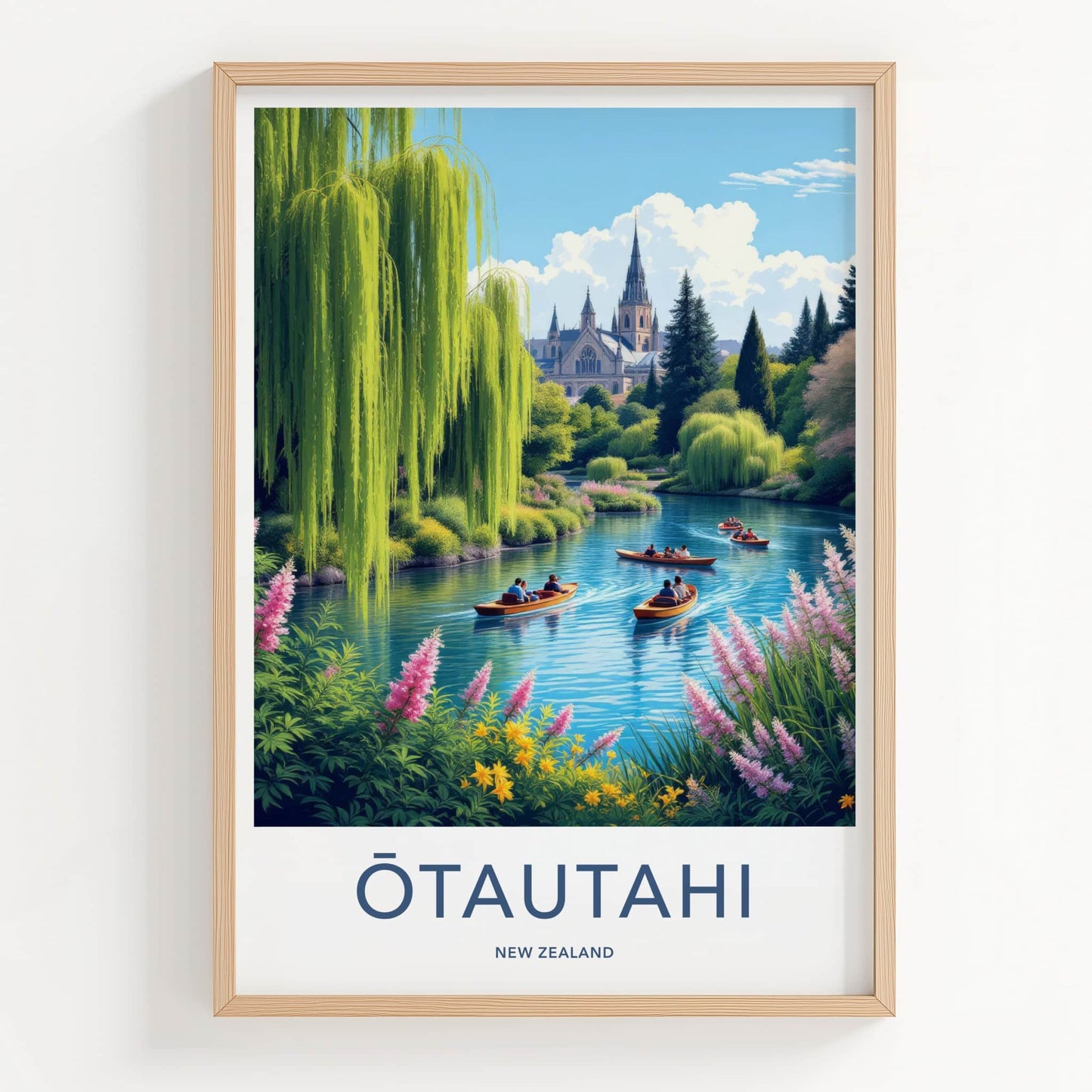 Otautahi Poster - New Zealand Travel Art - Willows Boaters Cathedral Wall Decor