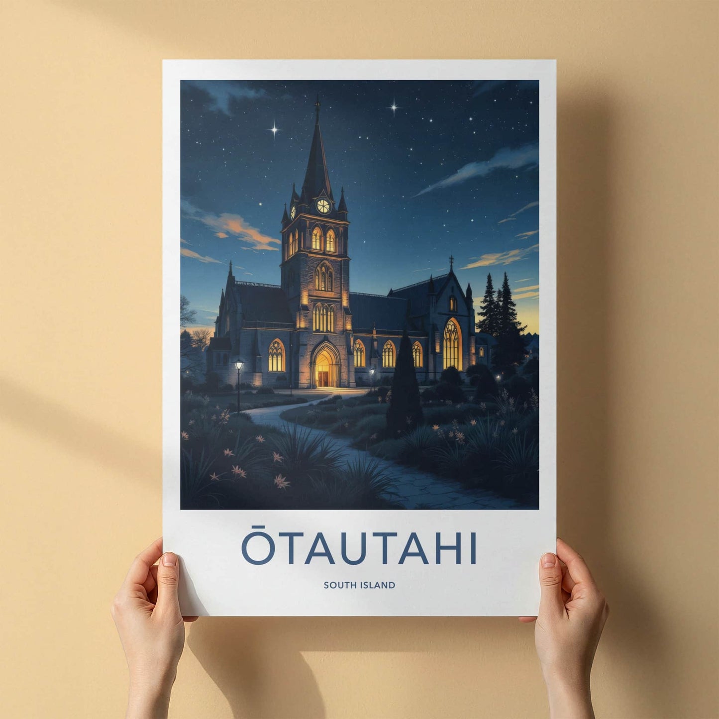 Otautahi Poster - New Zealand Travel Print - Starry Night Church Wall Decor