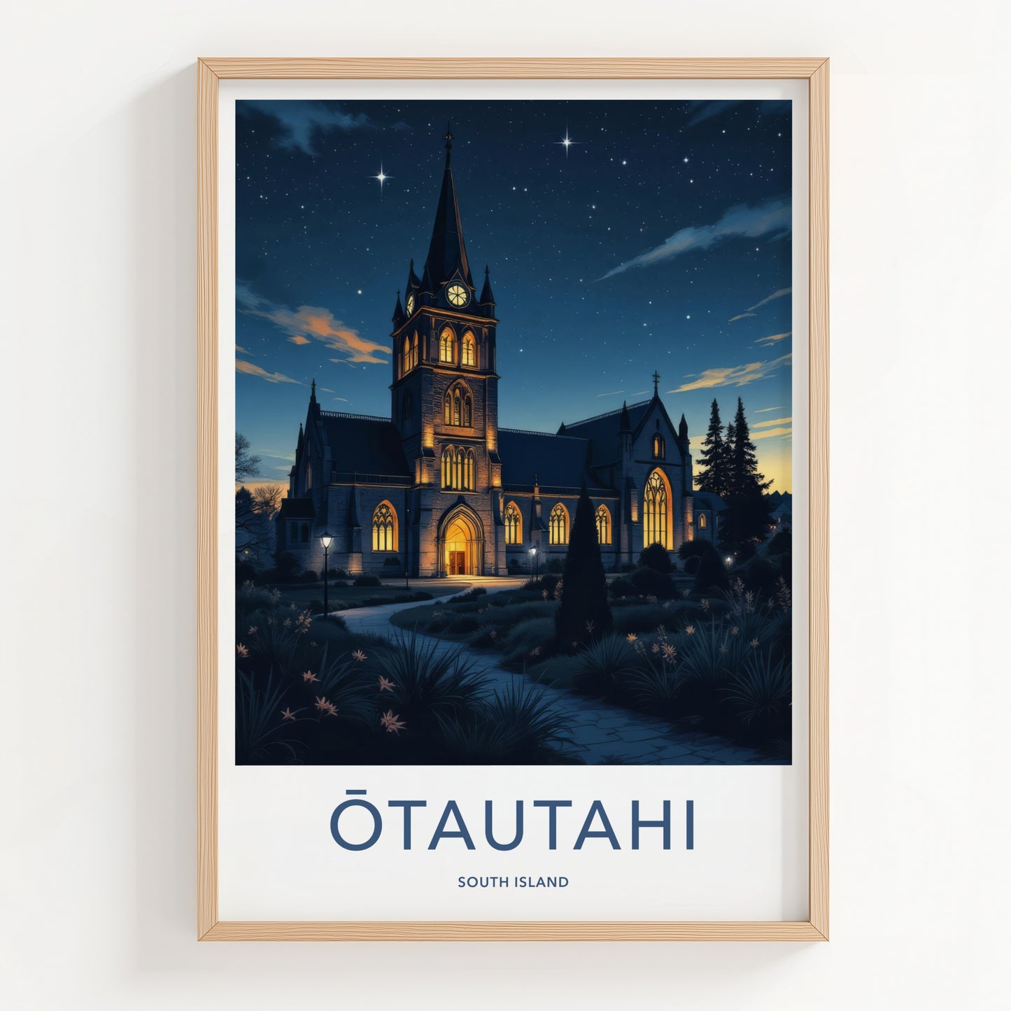 Otautahi Poster - New Zealand Travel Print - Starry Night Church Wall Decor