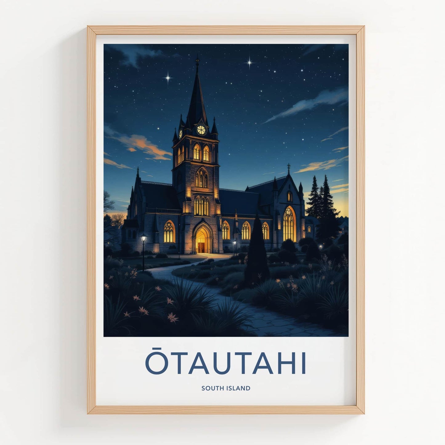 Otautahi Poster - New Zealand Travel Print - Starry Night Church Wall Decor