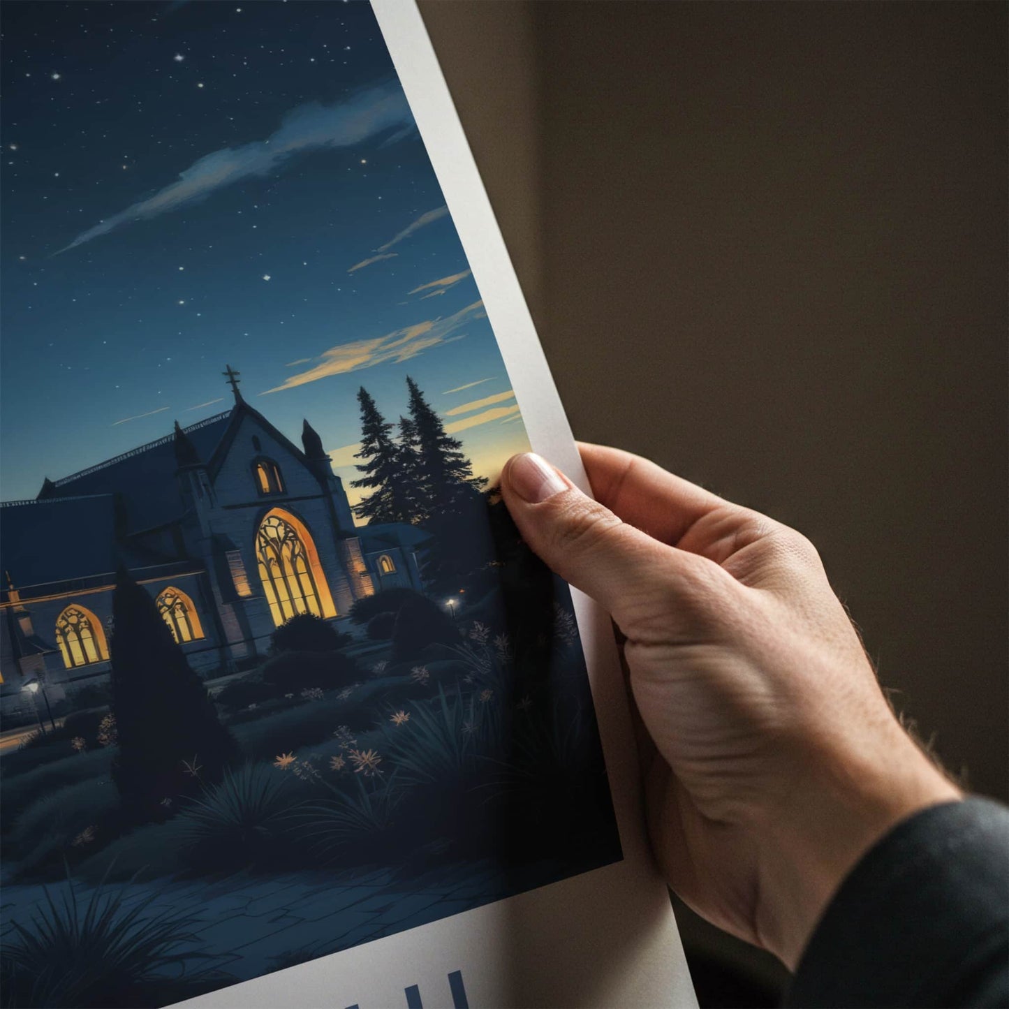 Otautahi Poster - New Zealand Travel Print - Starry Night Church Wall Decor