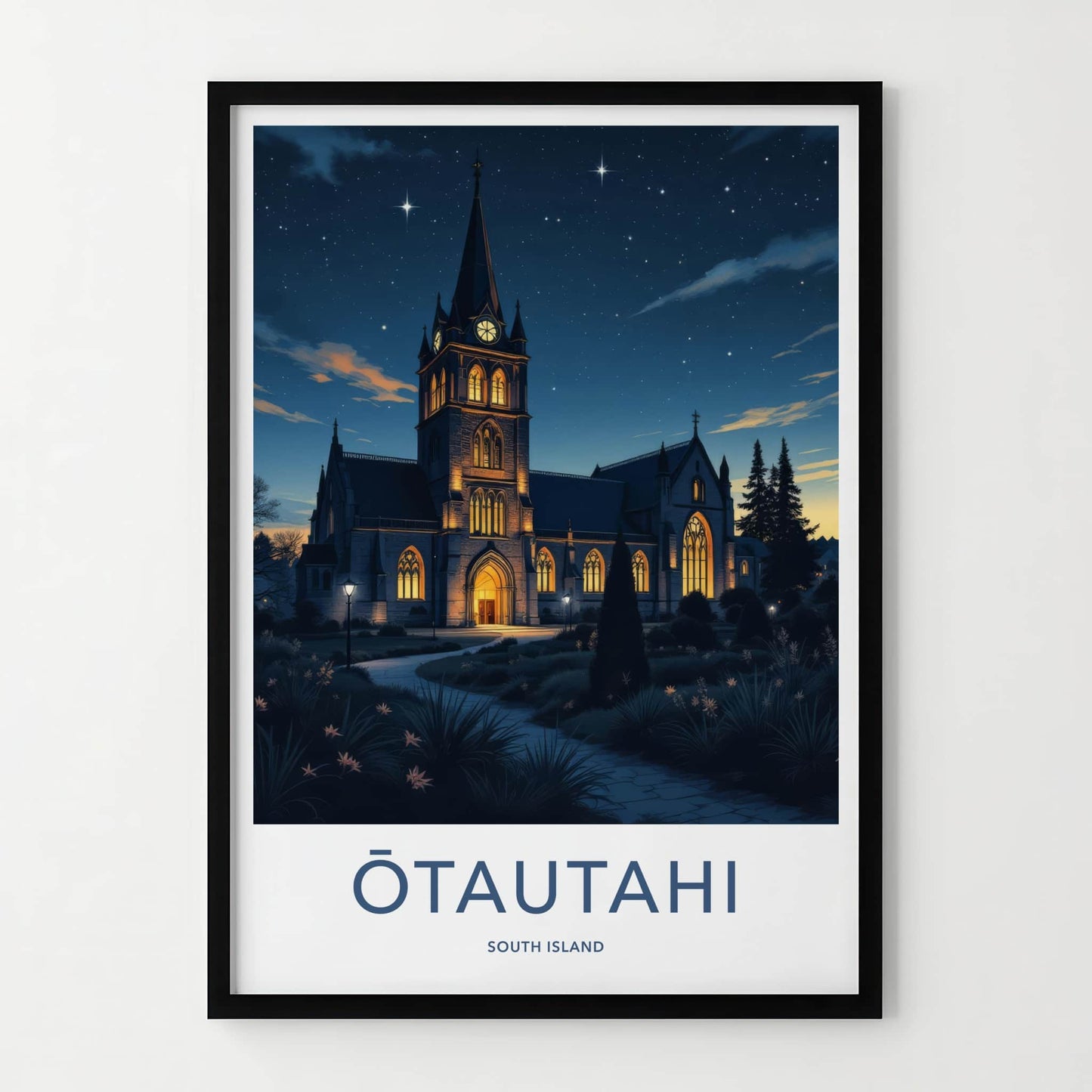 Otautahi Poster - New Zealand Travel Print - Starry Night Church Wall Decor