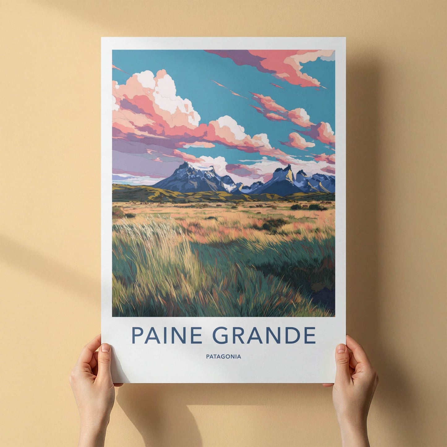 Paine Grande Poster - Chile Travel Art - Mountain Grassy Field Home Decor