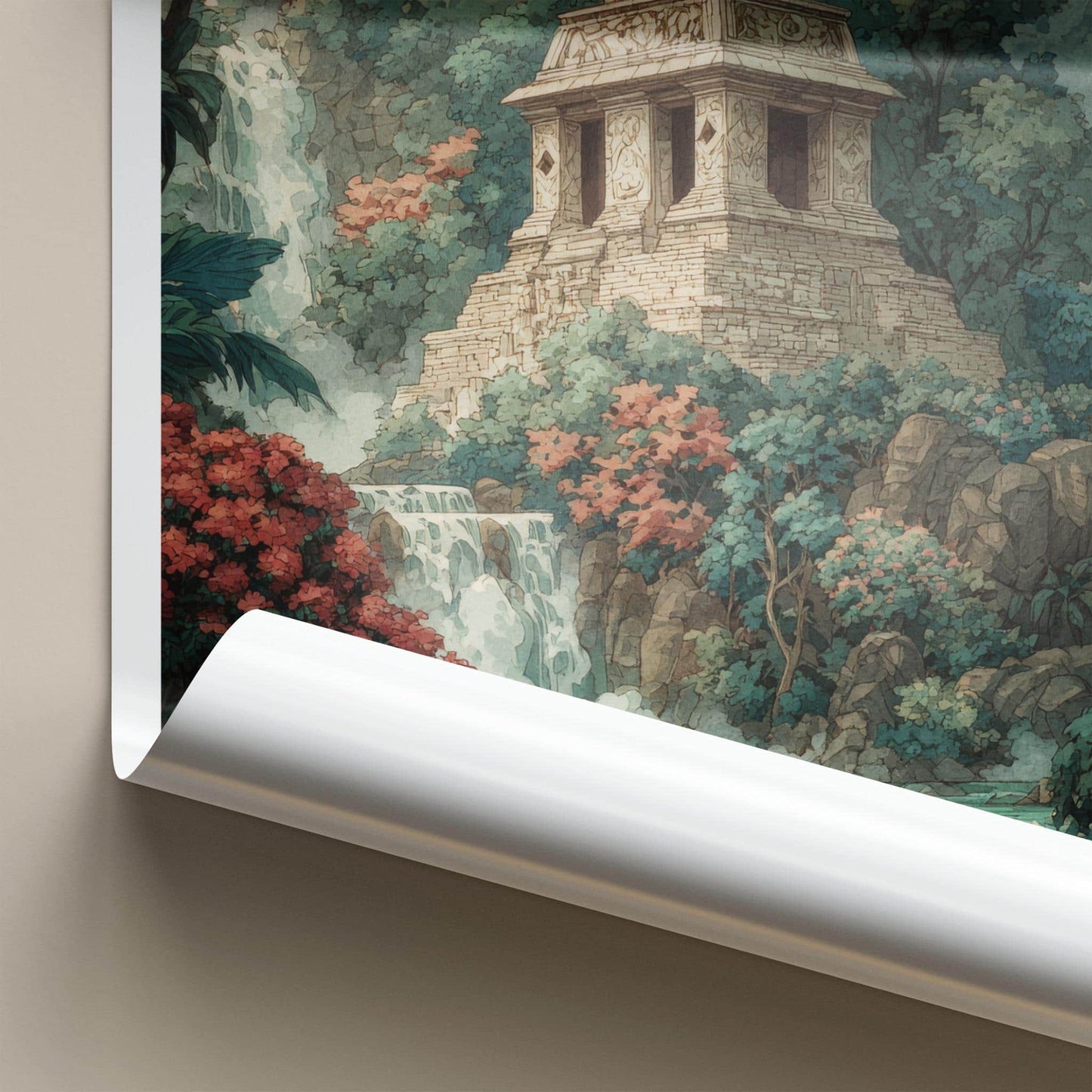 Palenque Poster - Mexico Travel Art - Ancient Temple Waterfall Home Decor
