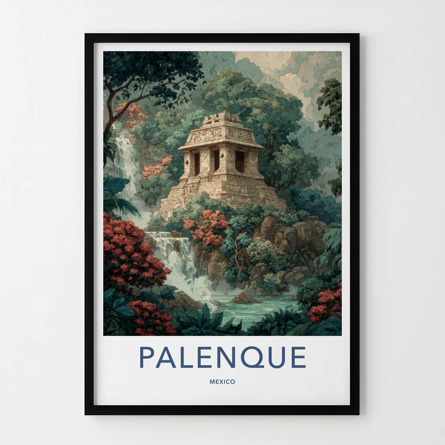 Palenque Poster - Mexico Travel Art - Ancient Temple Waterfall Home Decor
