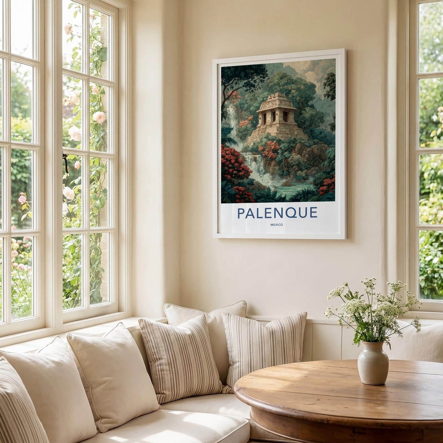 Palenque Poster - Mexico Travel Art - Ancient Temple Waterfall Home Decor