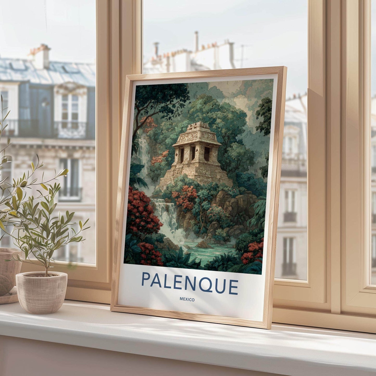 Palenque Poster - Mexico Travel Art - Ancient Temple Waterfall Home Decor