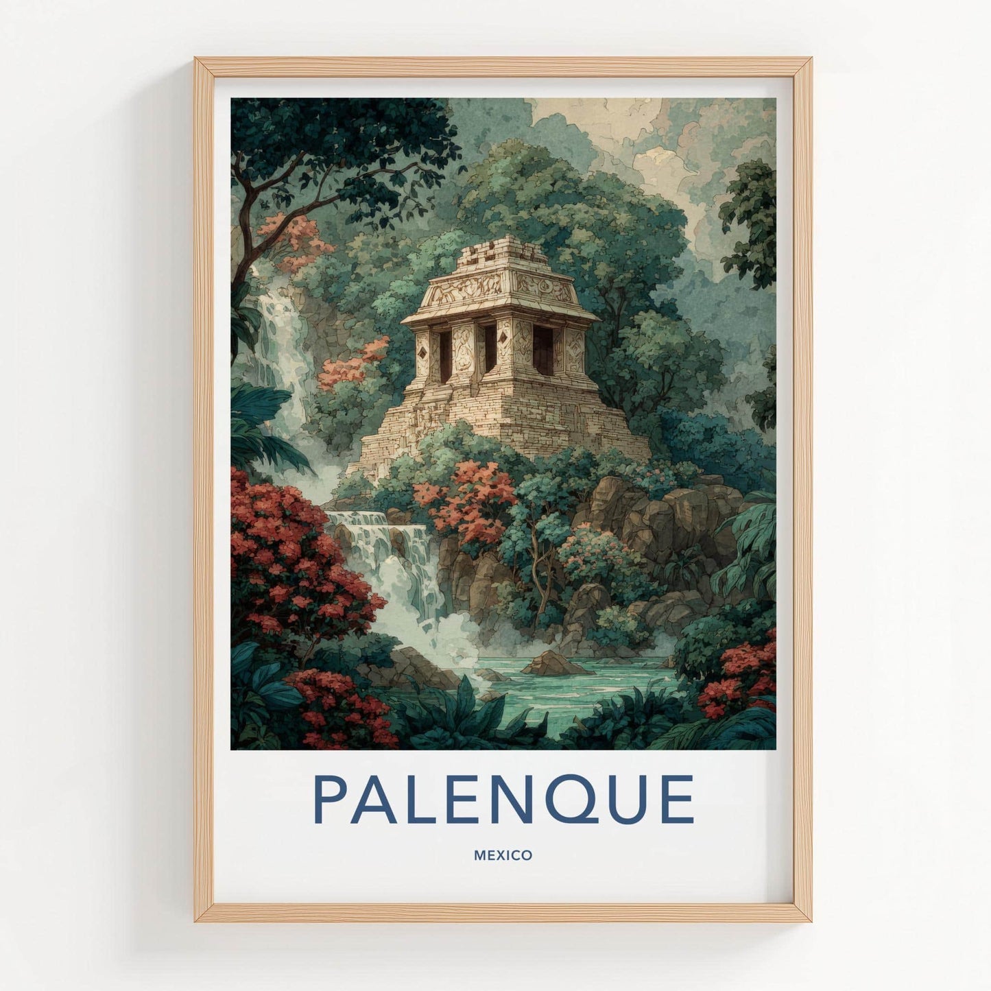Palenque Poster - Mexico Travel Art - Ancient Temple Waterfall Home Decor