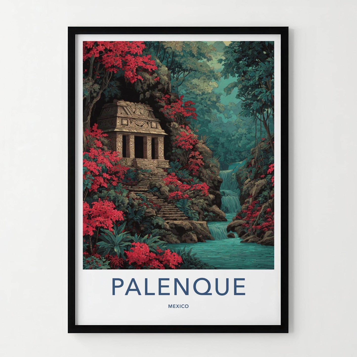 Palenque Poster - Mexico Travel Art - Jungle Temple Waterfall Home Decor
