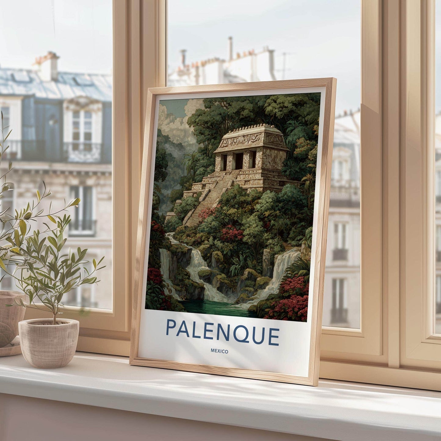 Palenque Poster - Mexico Travel Art - Mayan Temple Waterfalls Home Decor