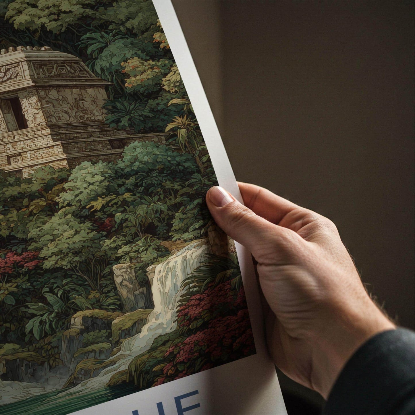 Palenque Poster - Mexico Travel Art - Mayan Temple Waterfalls Home Decor