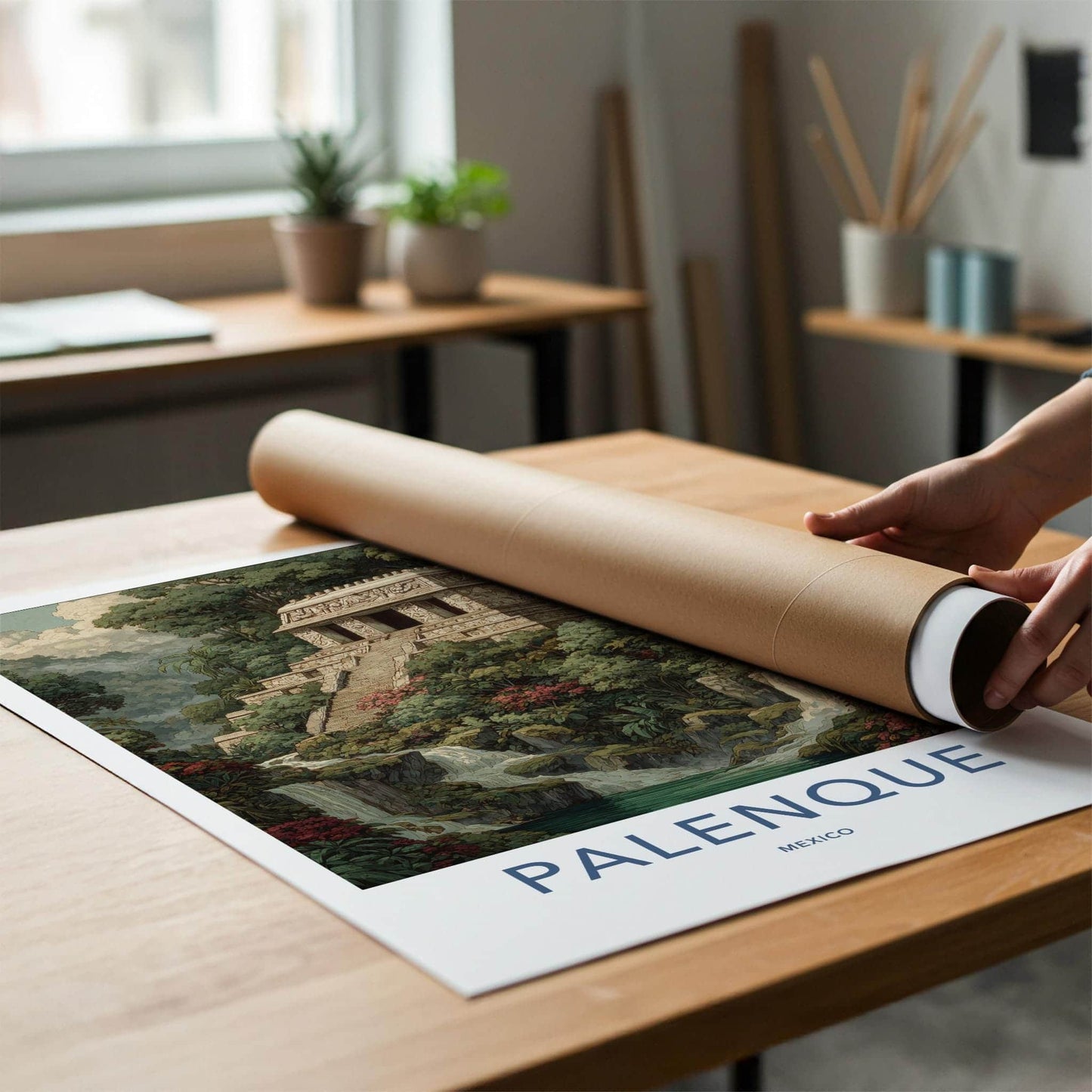Palenque Poster - Mexico Travel Art - Mayan Temple Waterfalls Home Decor