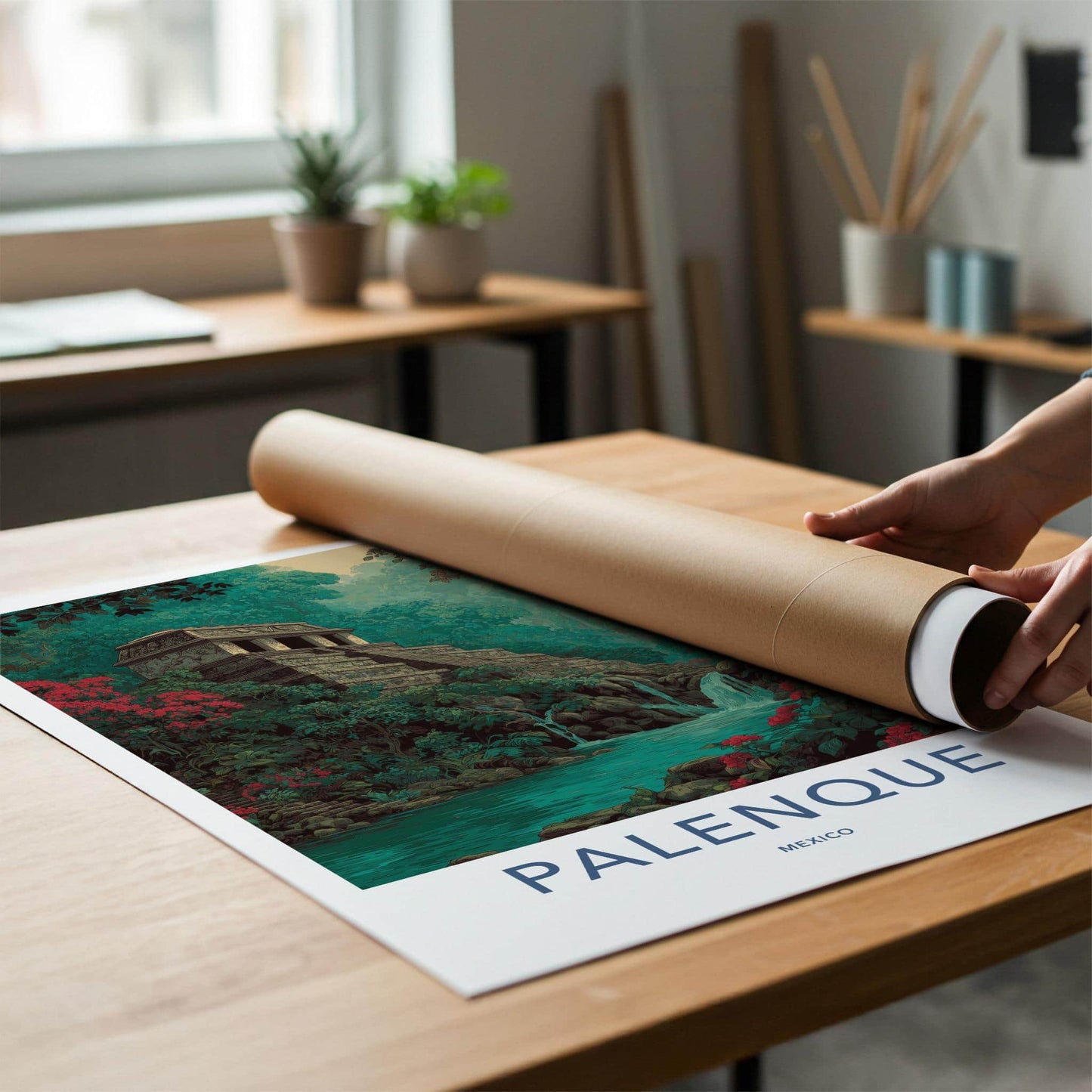 Palenque Poster - Mexico Travel Art - Stone Temple Cascade Home Decor